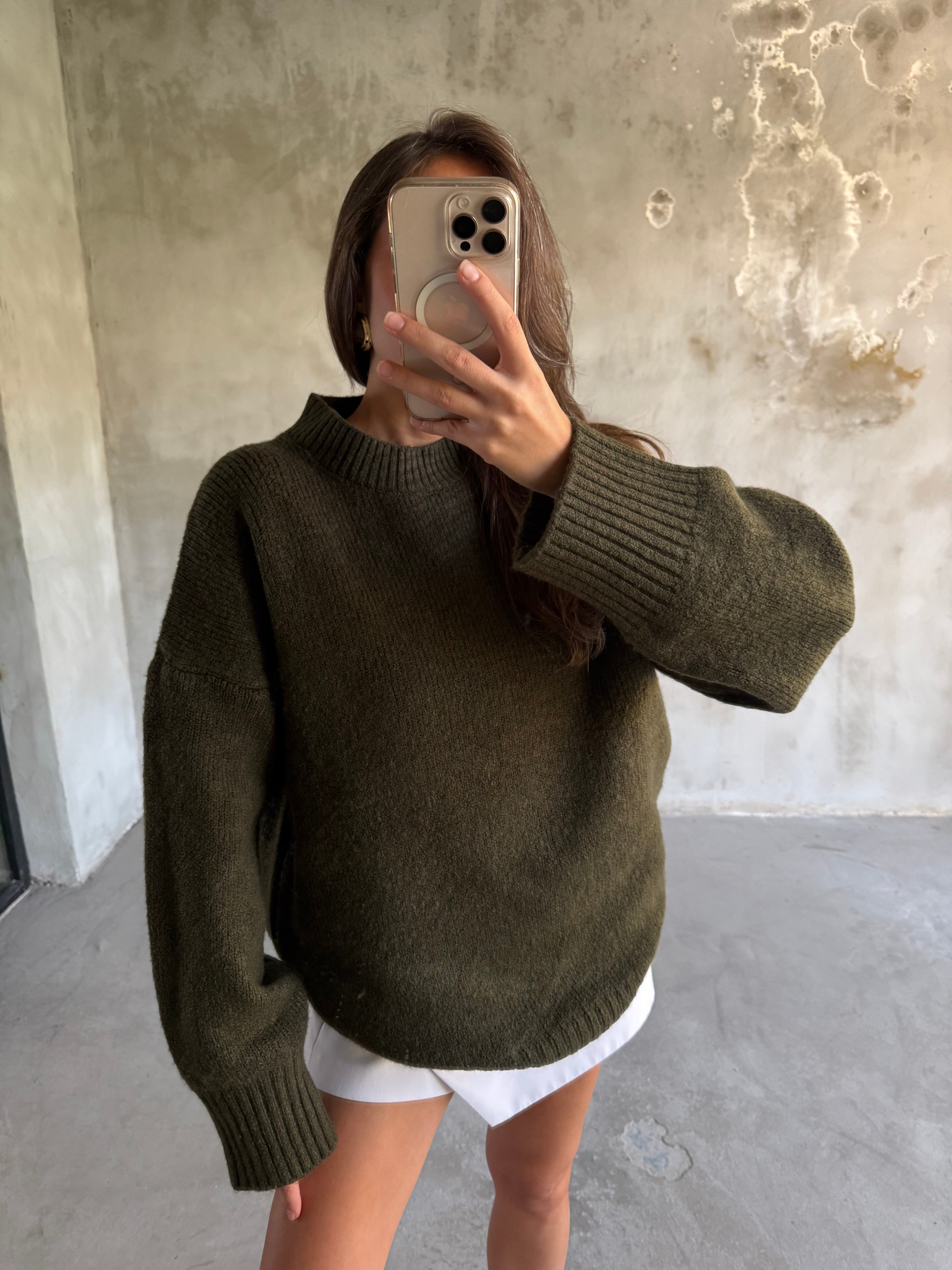 Yün Basic Oversize Bisiklet Yaka Kazak - Haki - Dominatrend