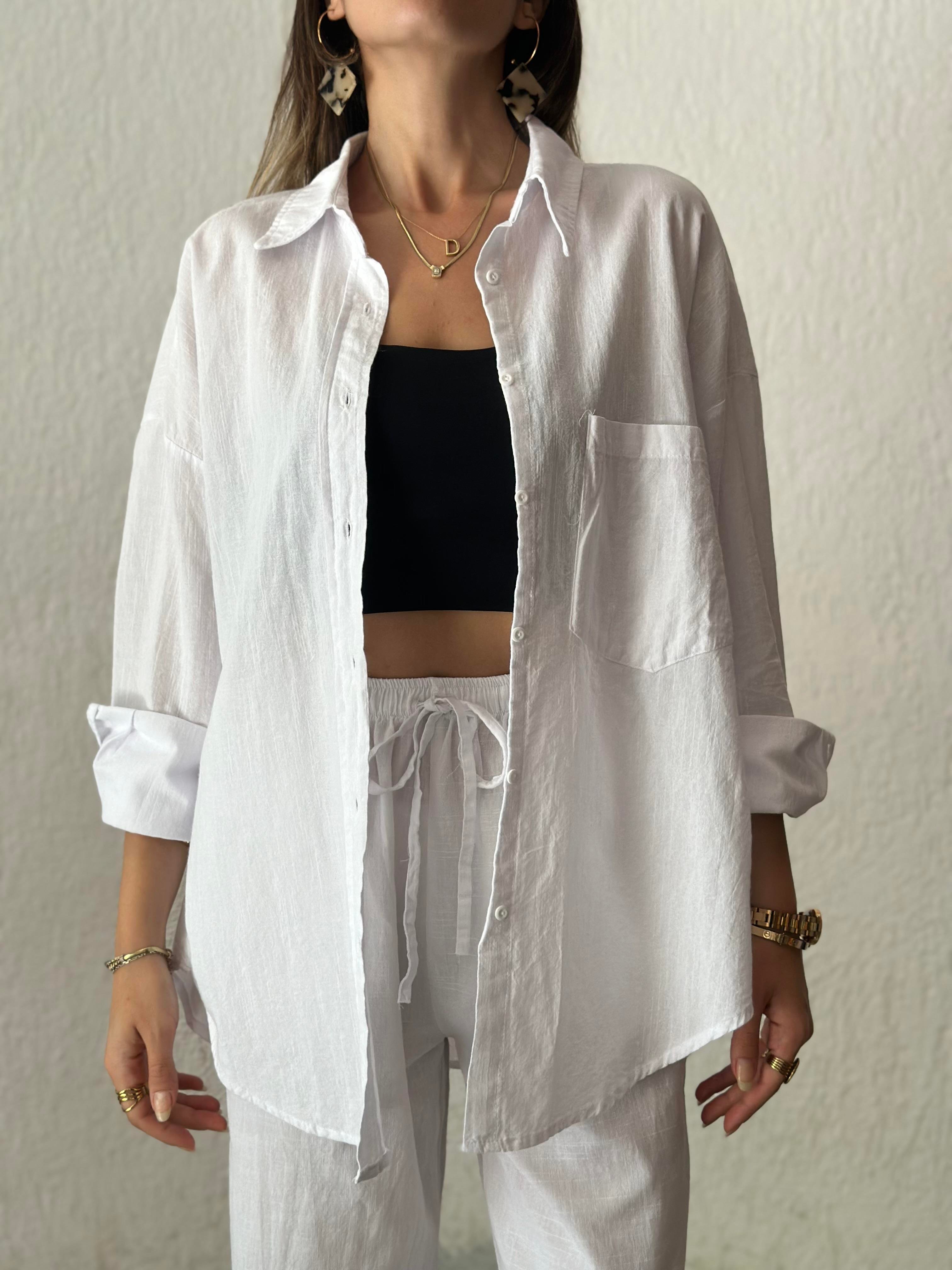 ZR Keten Oversize Beyaz Gömlek  - Dominatrend