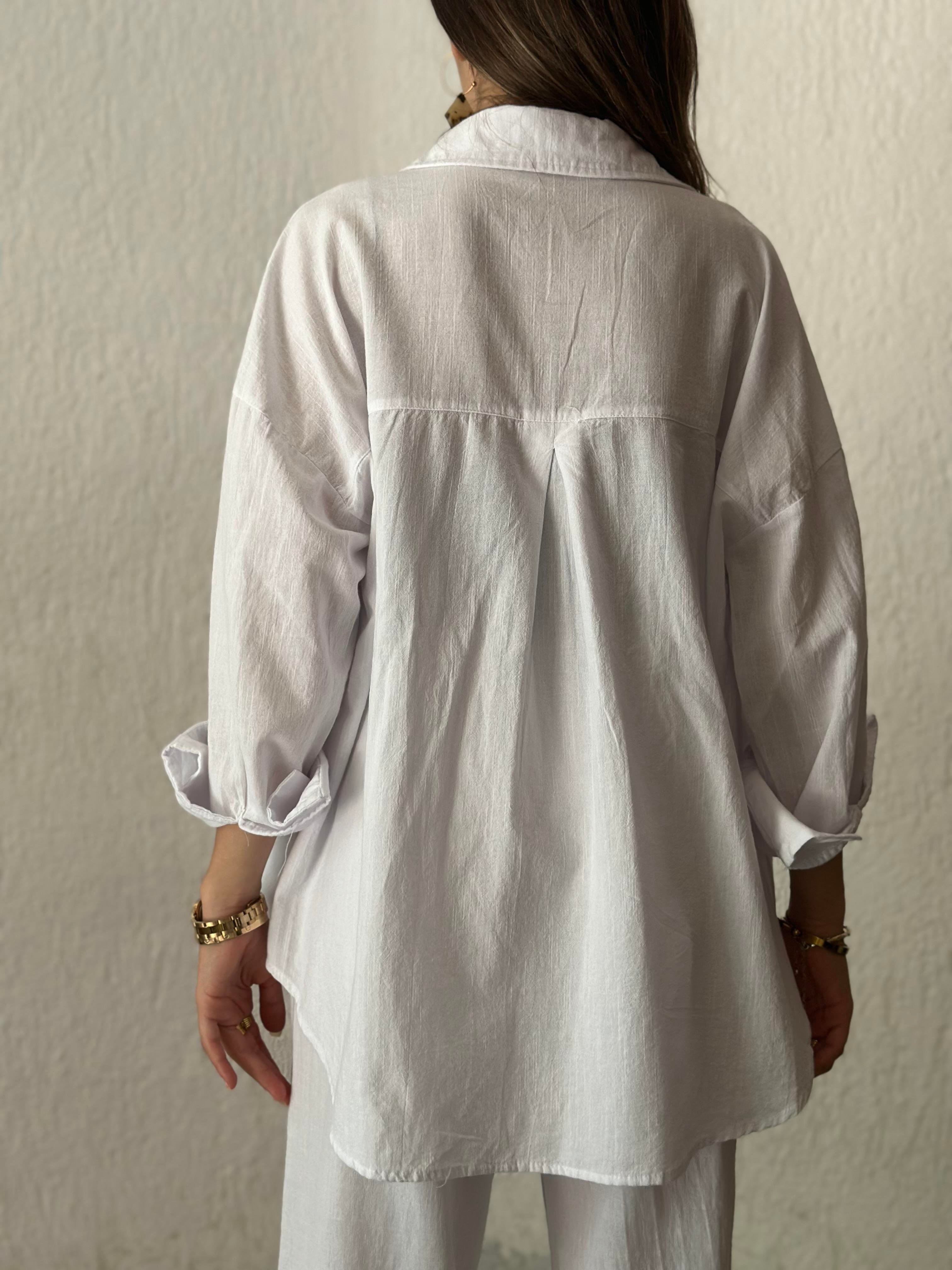 ZR Keten Oversize Beyaz Gömlek  - Dominatrend