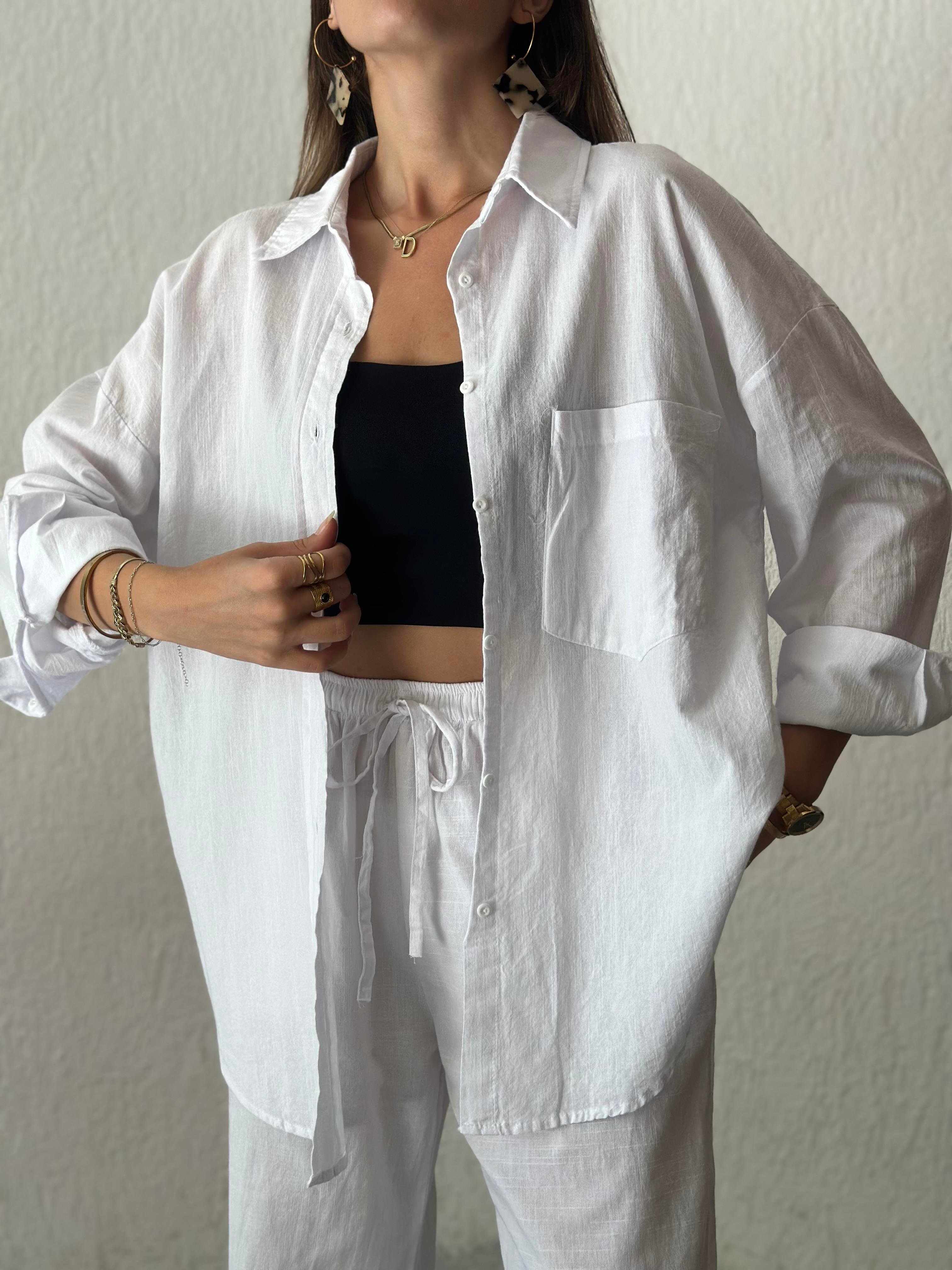 ZR Keten Oversize Beyaz Gömlek  - Dominatrend