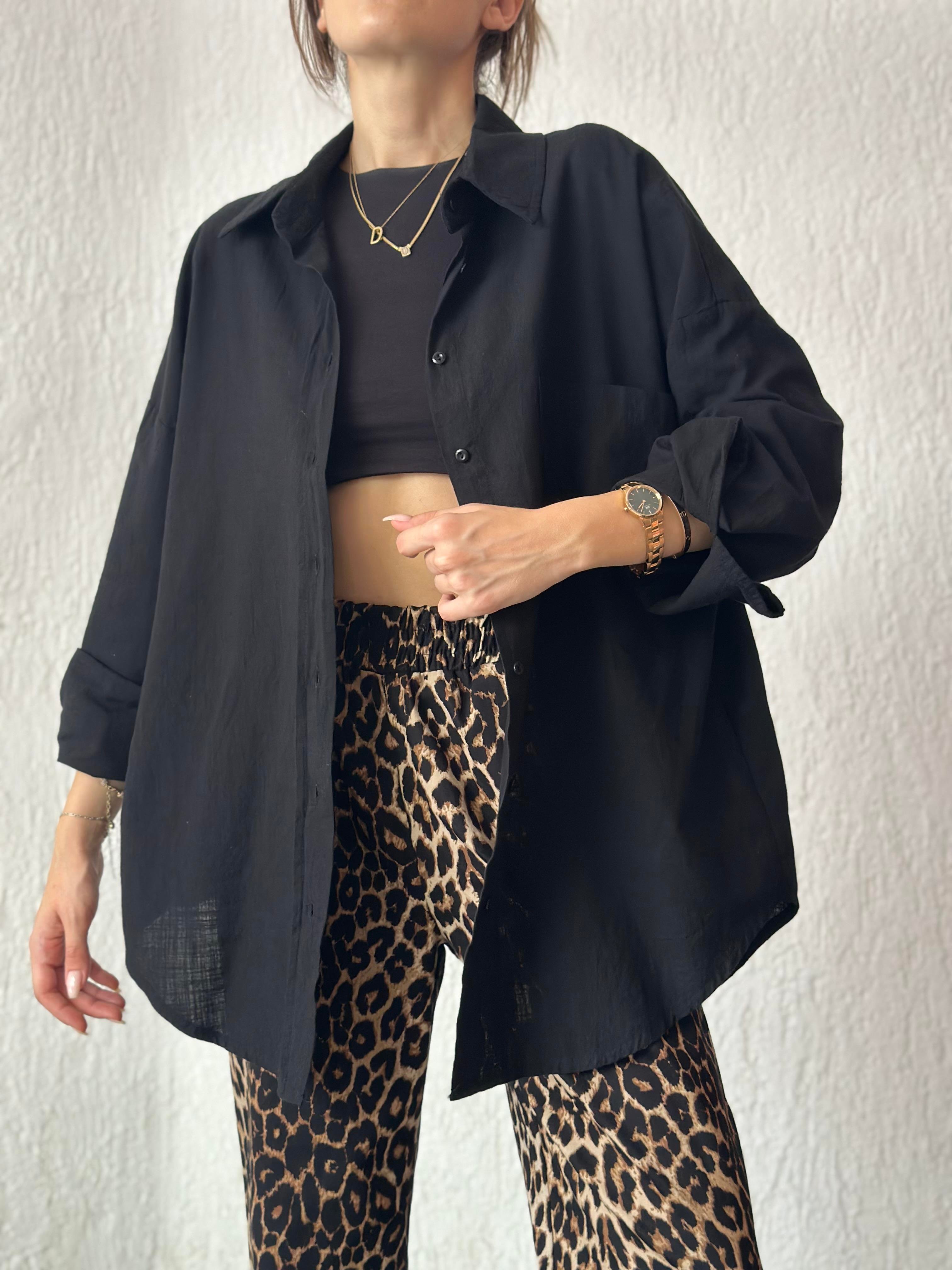 ZR Keten Oversize Gömlek - Siyah - Dominatrend