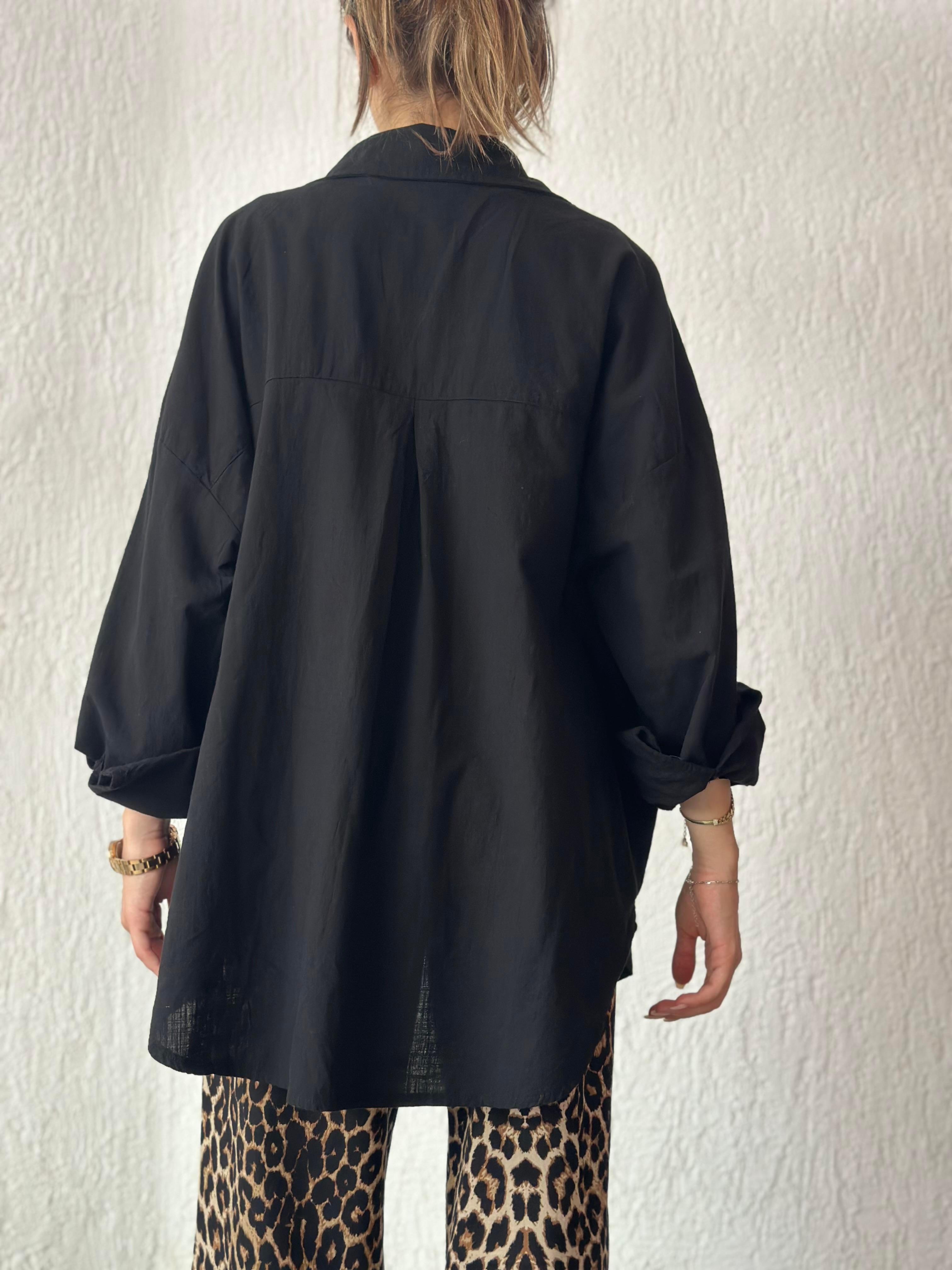 ZR Keten Oversize Gömlek - Siyah - Dominatrend
