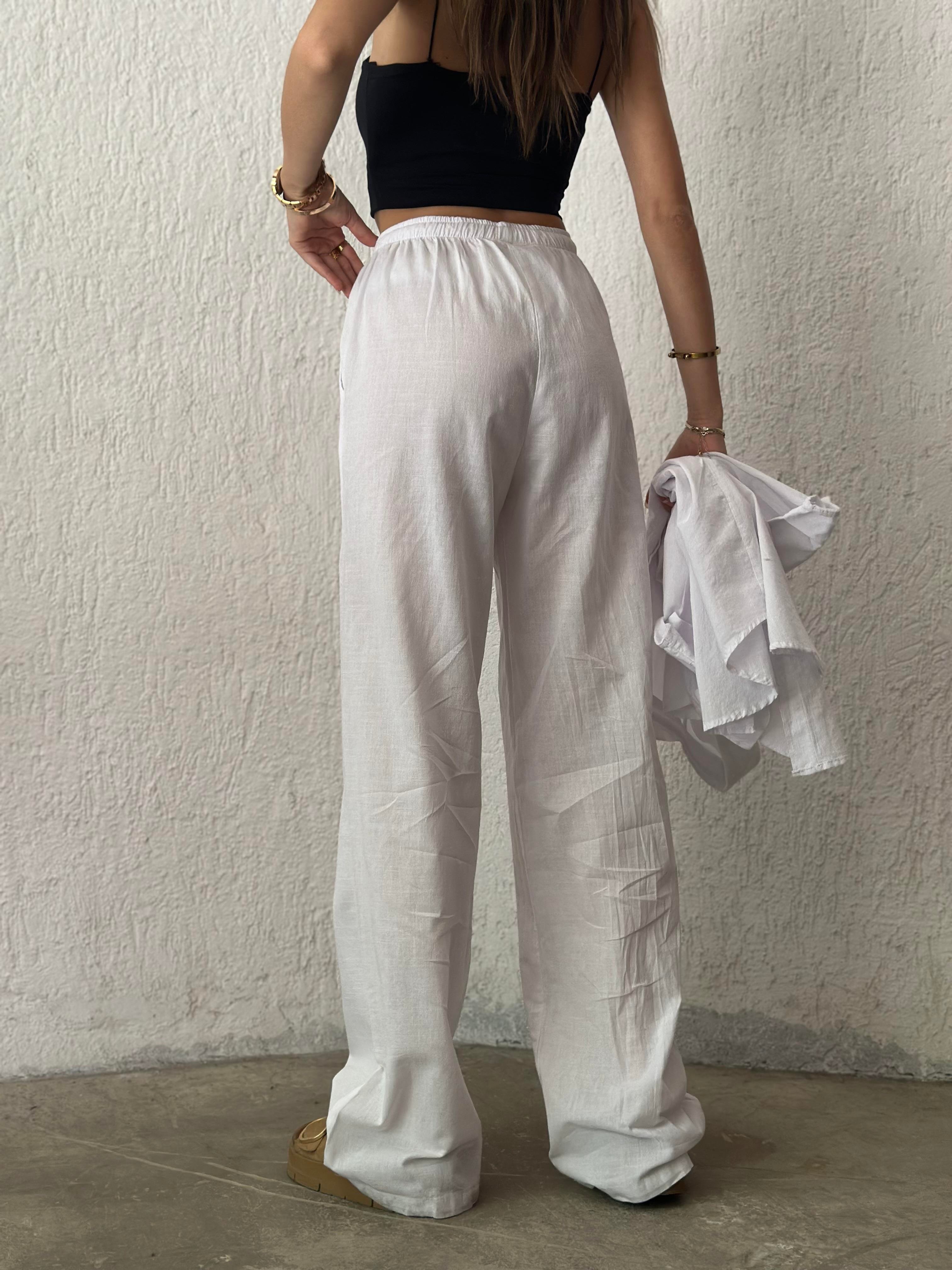 ZR Keten Straight Pantolon - Beyaz - Dominatrend