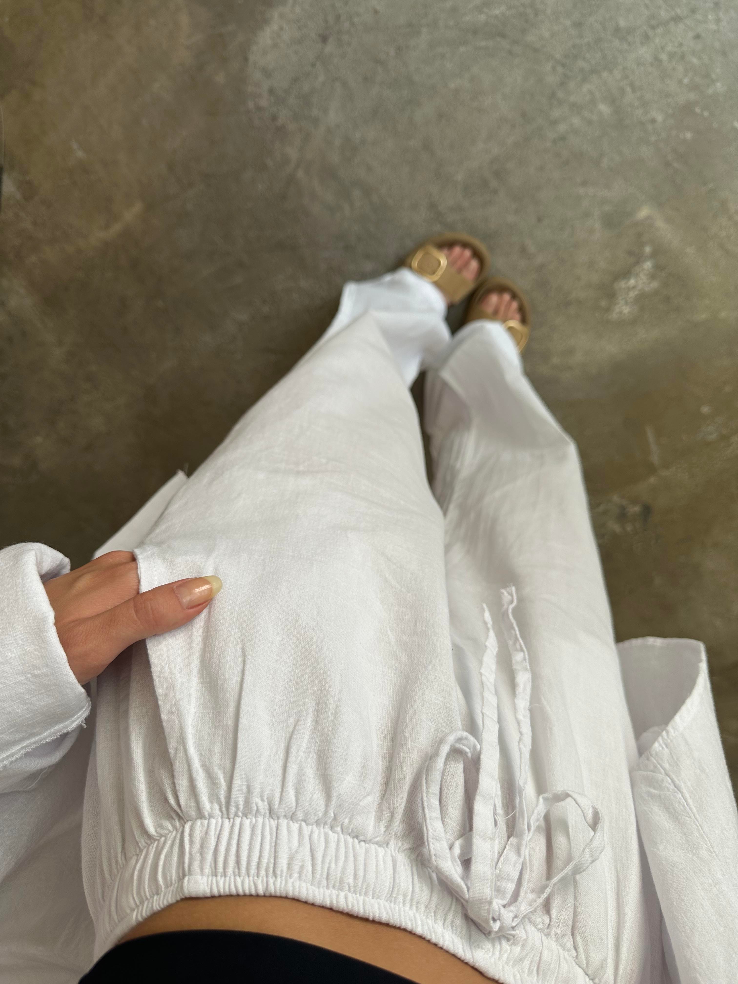 ZR Keten Straight Pantolon - Beyaz - Dominatrend
