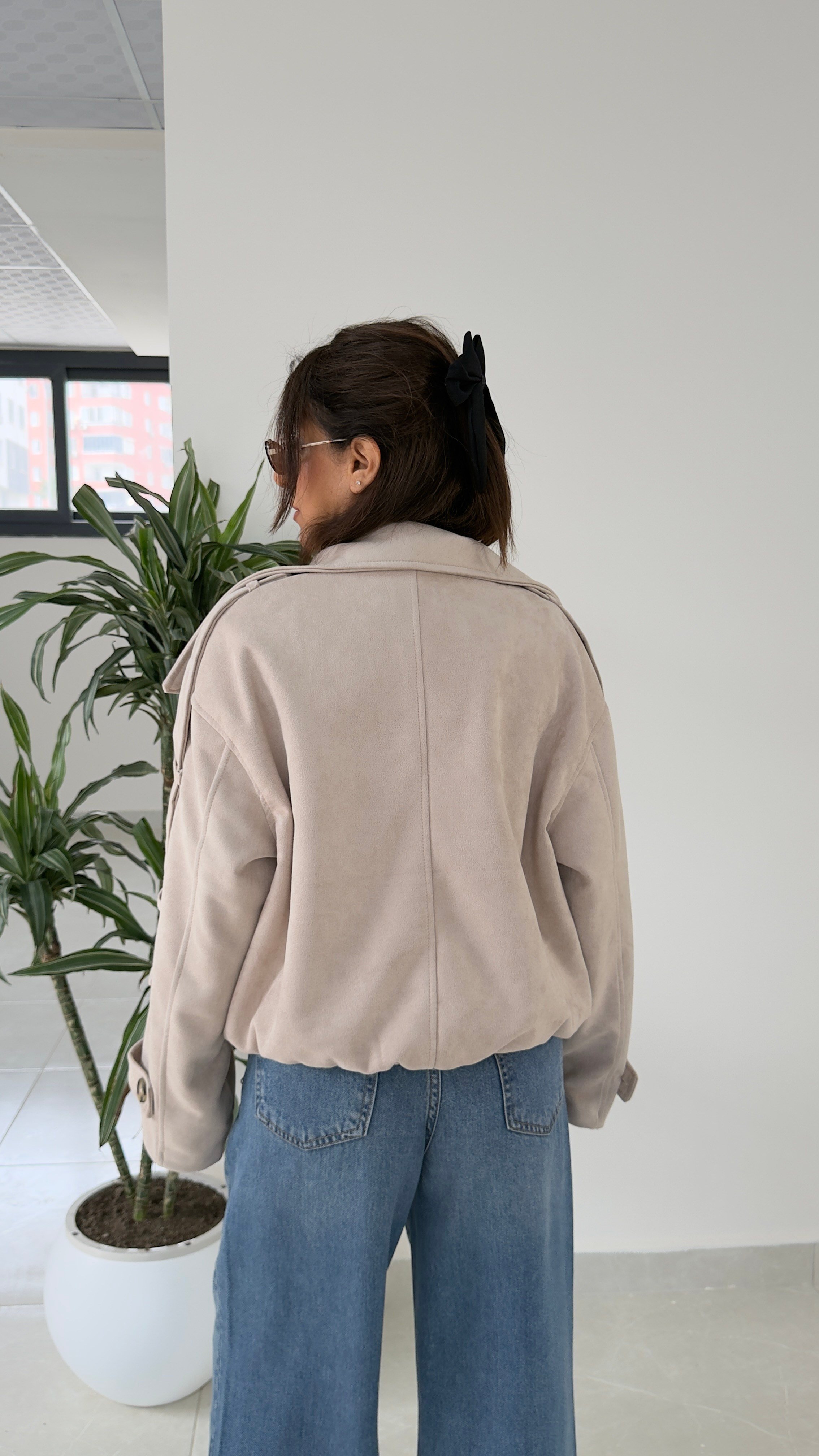  Dik Yaka Süet Oversize Ceket Bej 