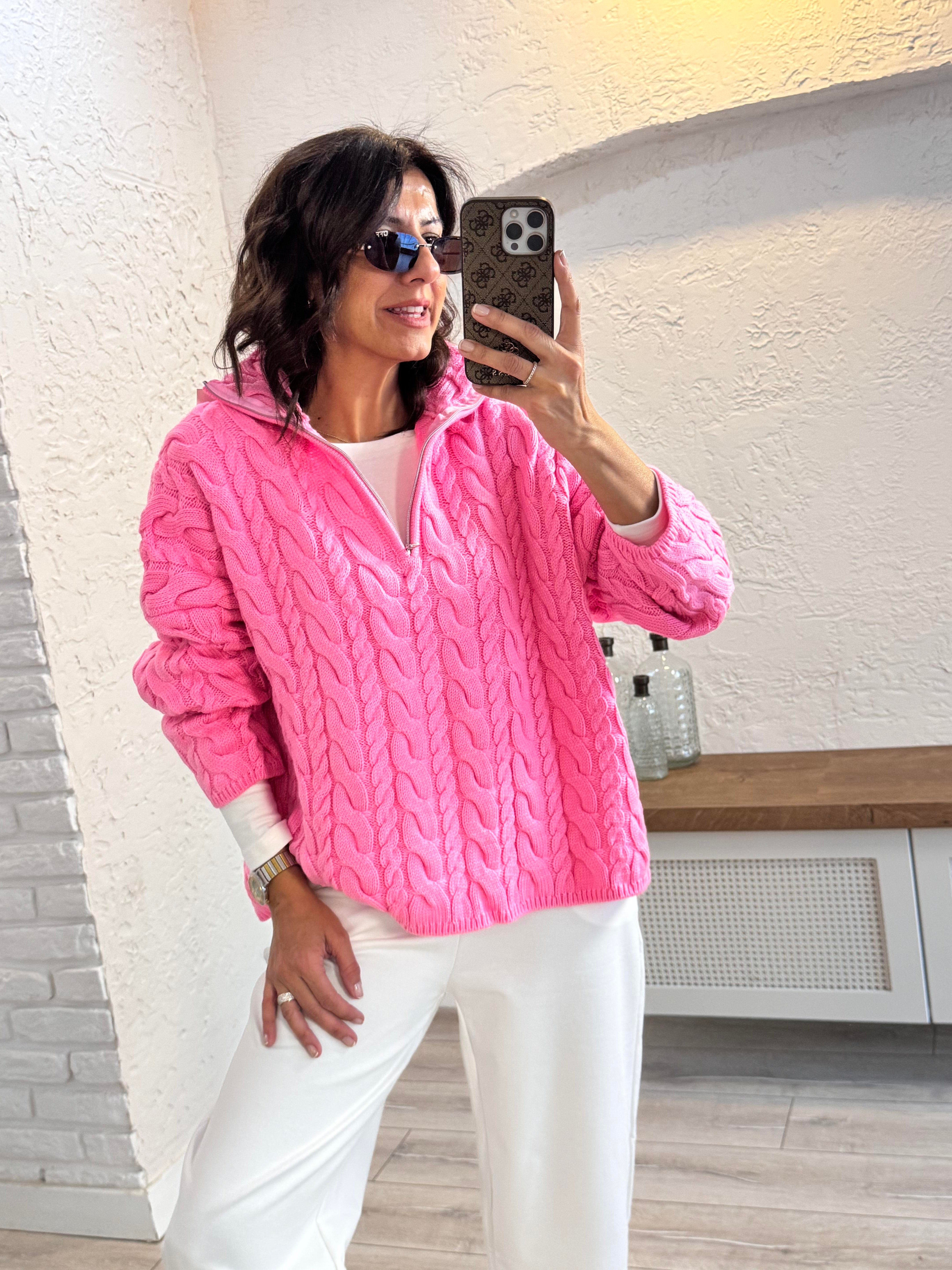  Gül Pembe Saç Örgü Fermuarlı Kazak