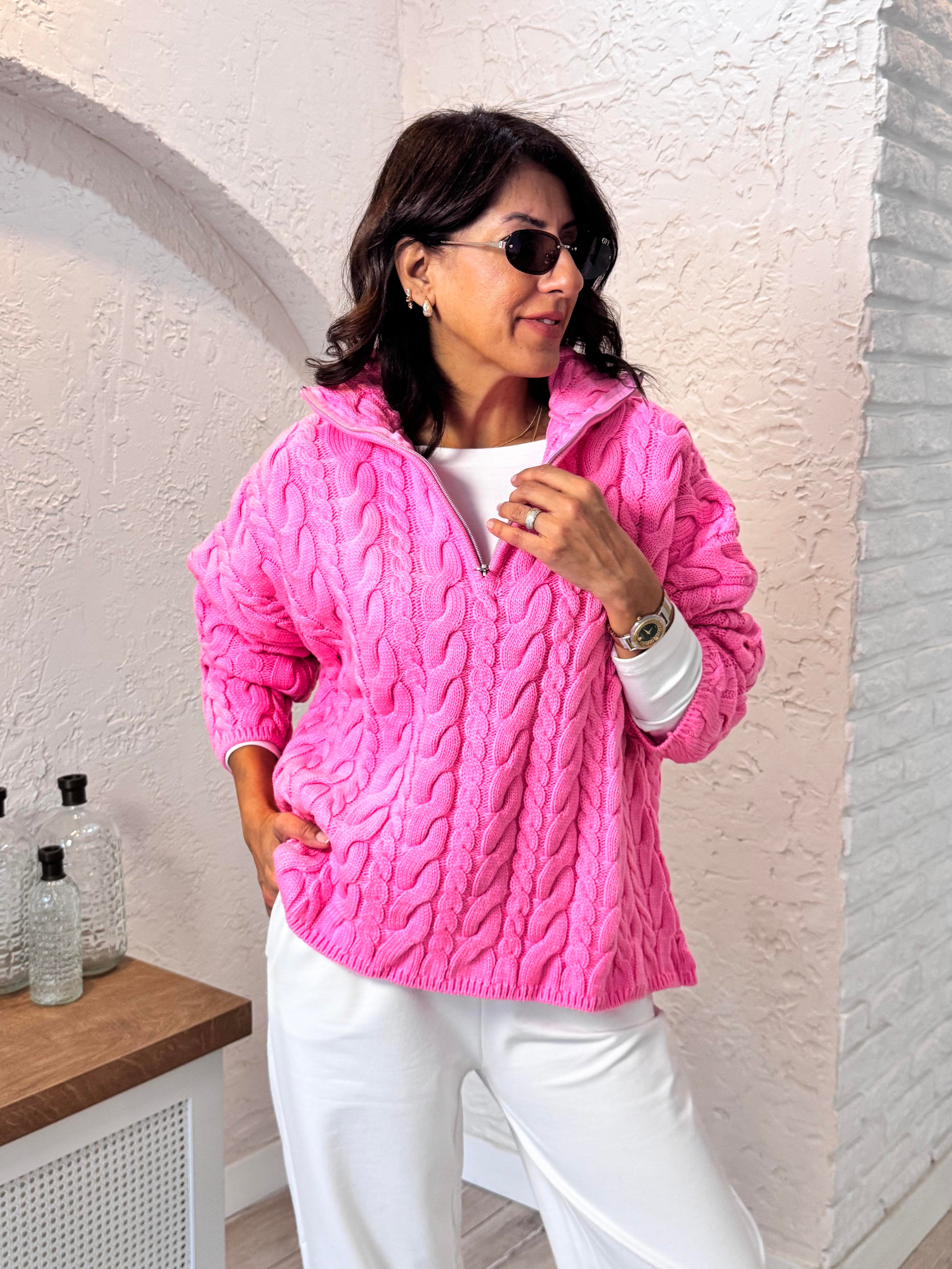  Gül Pembe Saç Örgü Fermuarlı Kazak