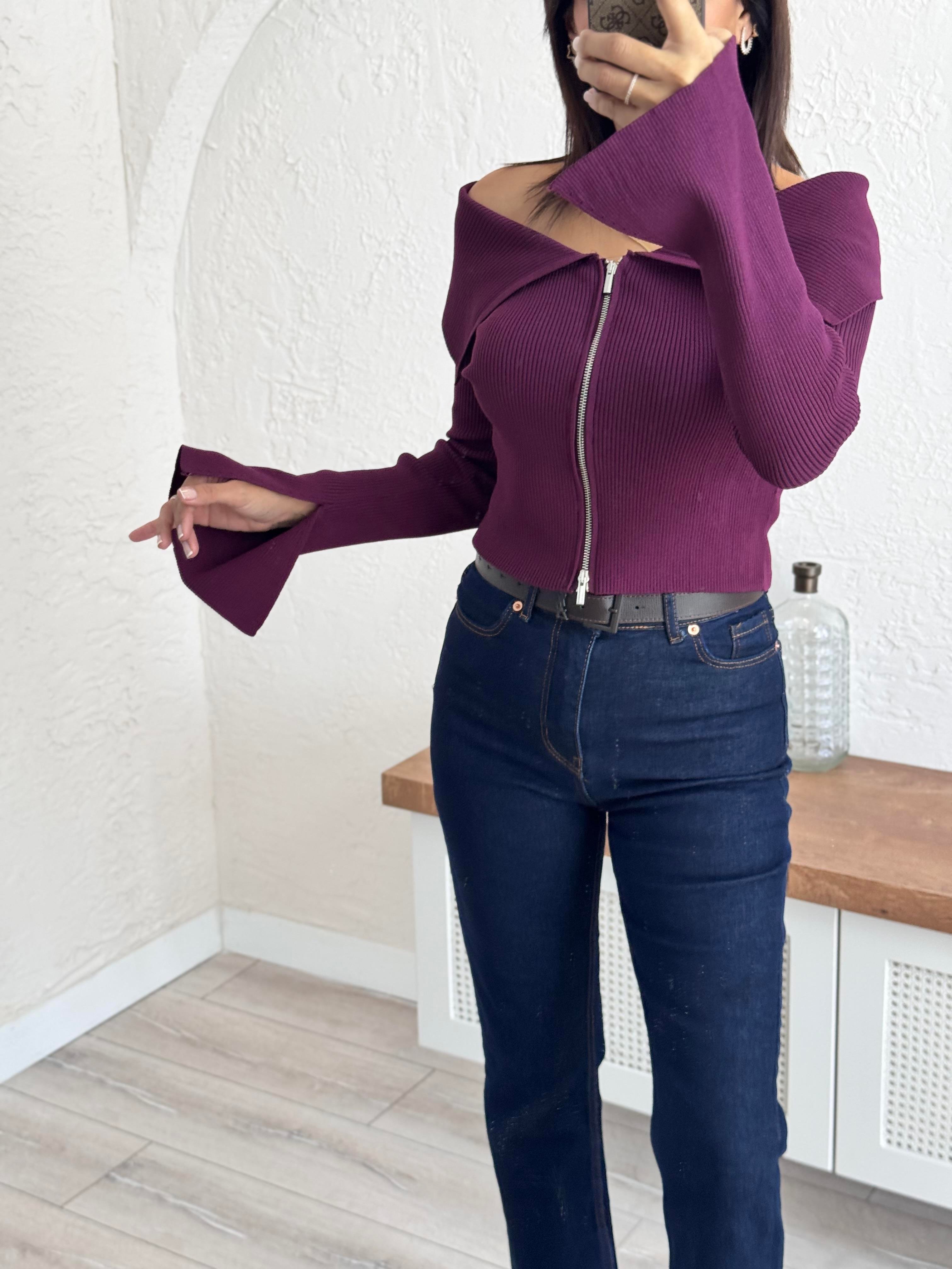 Bardot yaka Kol ayırtmam Detaylı Fermuarlı Triko Hırka Bordo