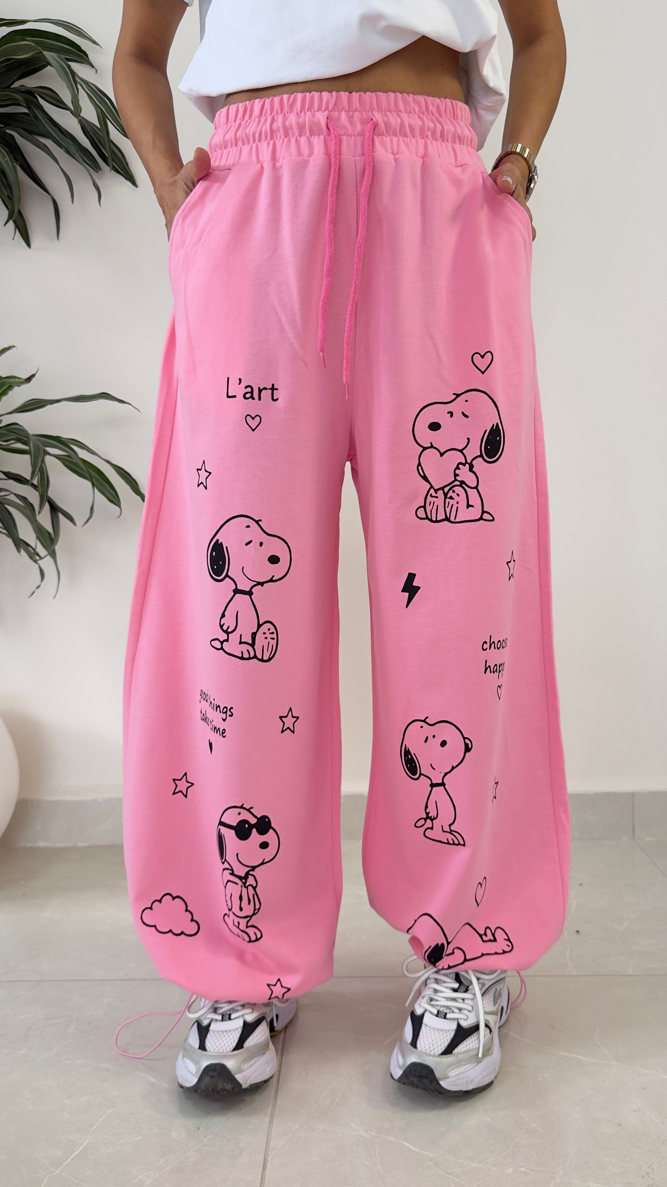 Bel Lastikli Paça Ayarlanabilir Snoopy Eşofman Altı Pembe
