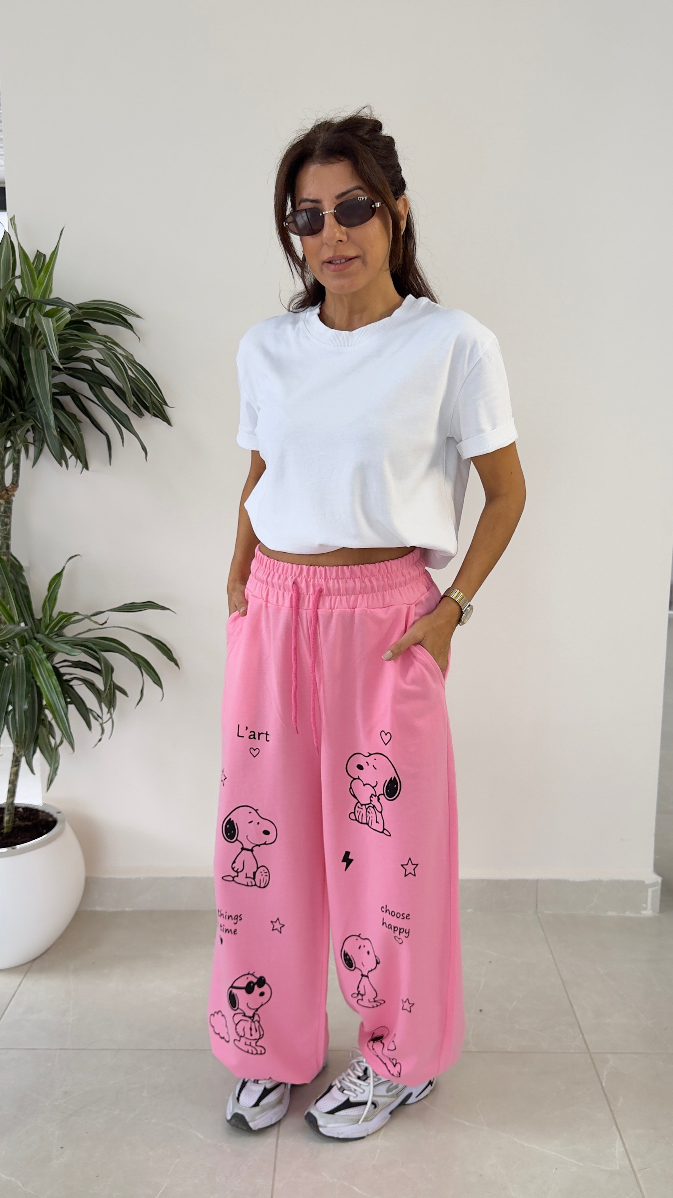 Bel Lastikli Paça Ayarlanabilir Snoopy Eşofman Altı Pembe