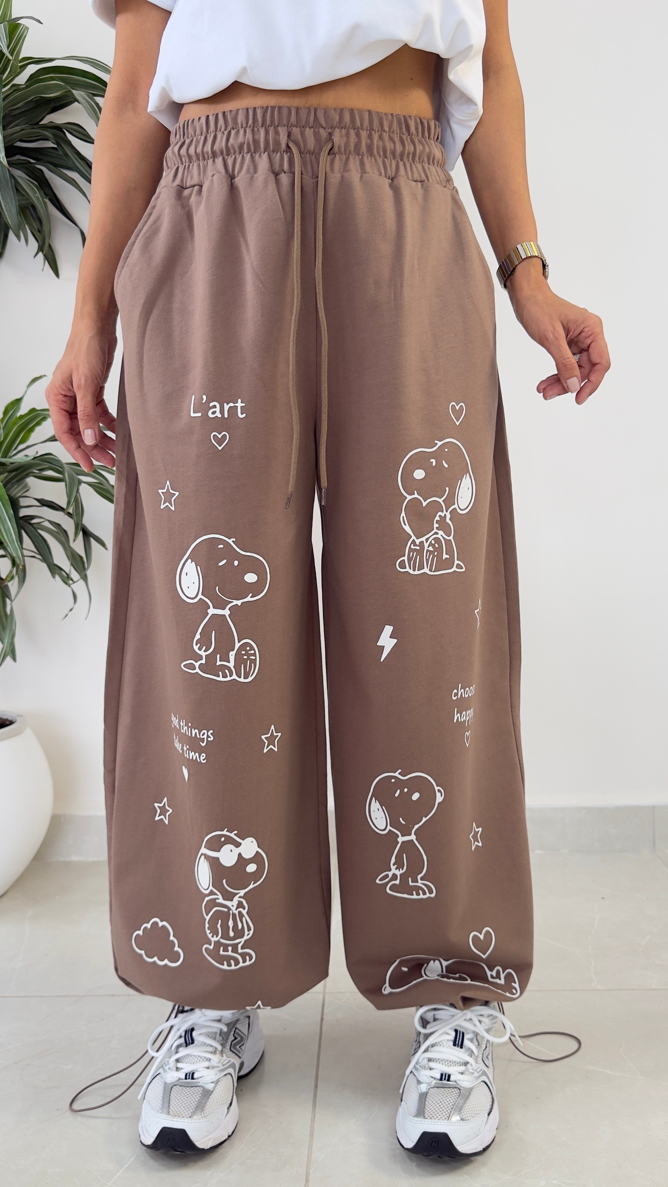 Bel Lastikli Paça Ayarlanabilir Snoopy Eşofman Altı Kahve