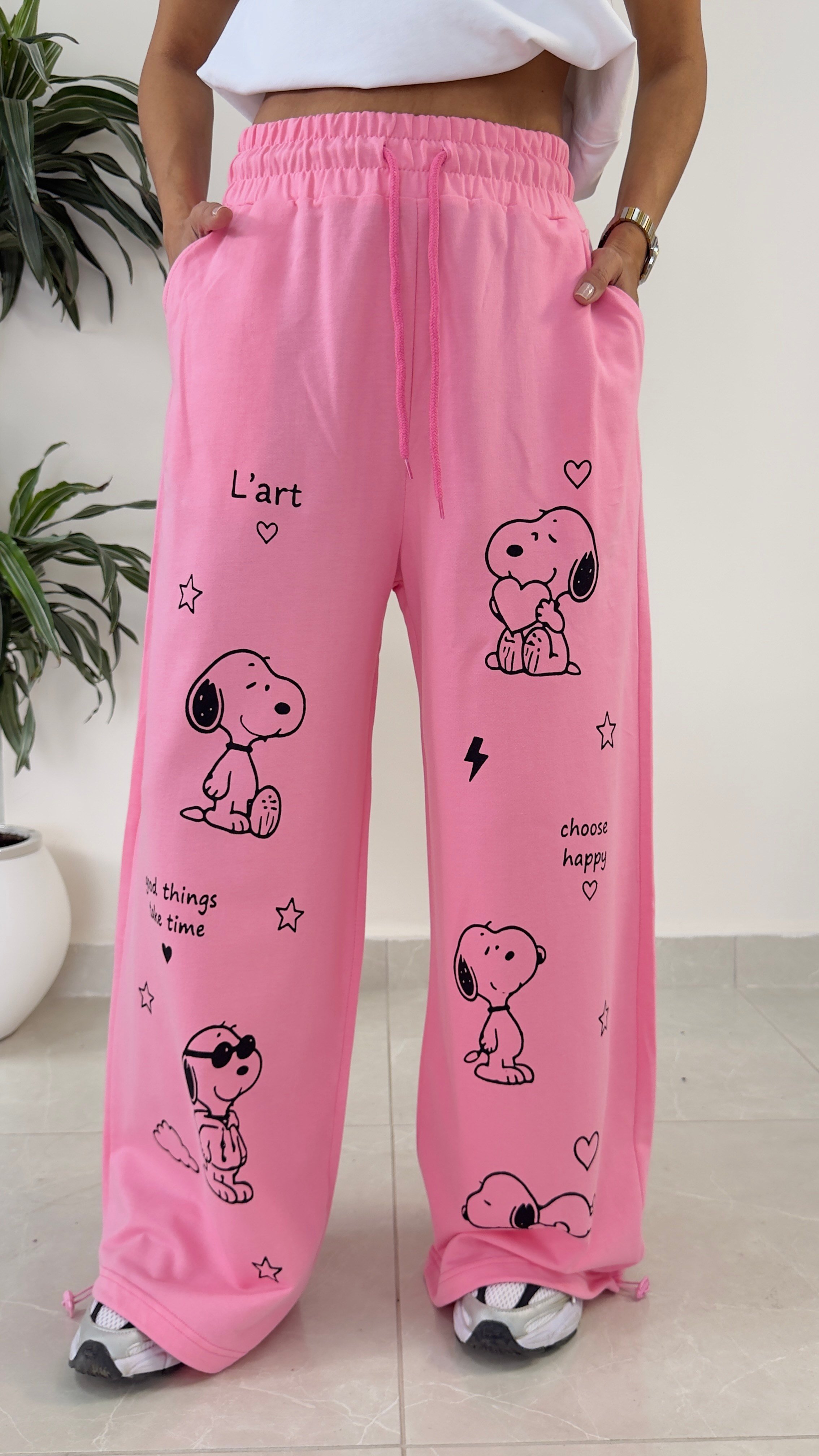 Bel Lastikli Paça Ayarlanabilir Snoopy Eşofman Altı Pembe
