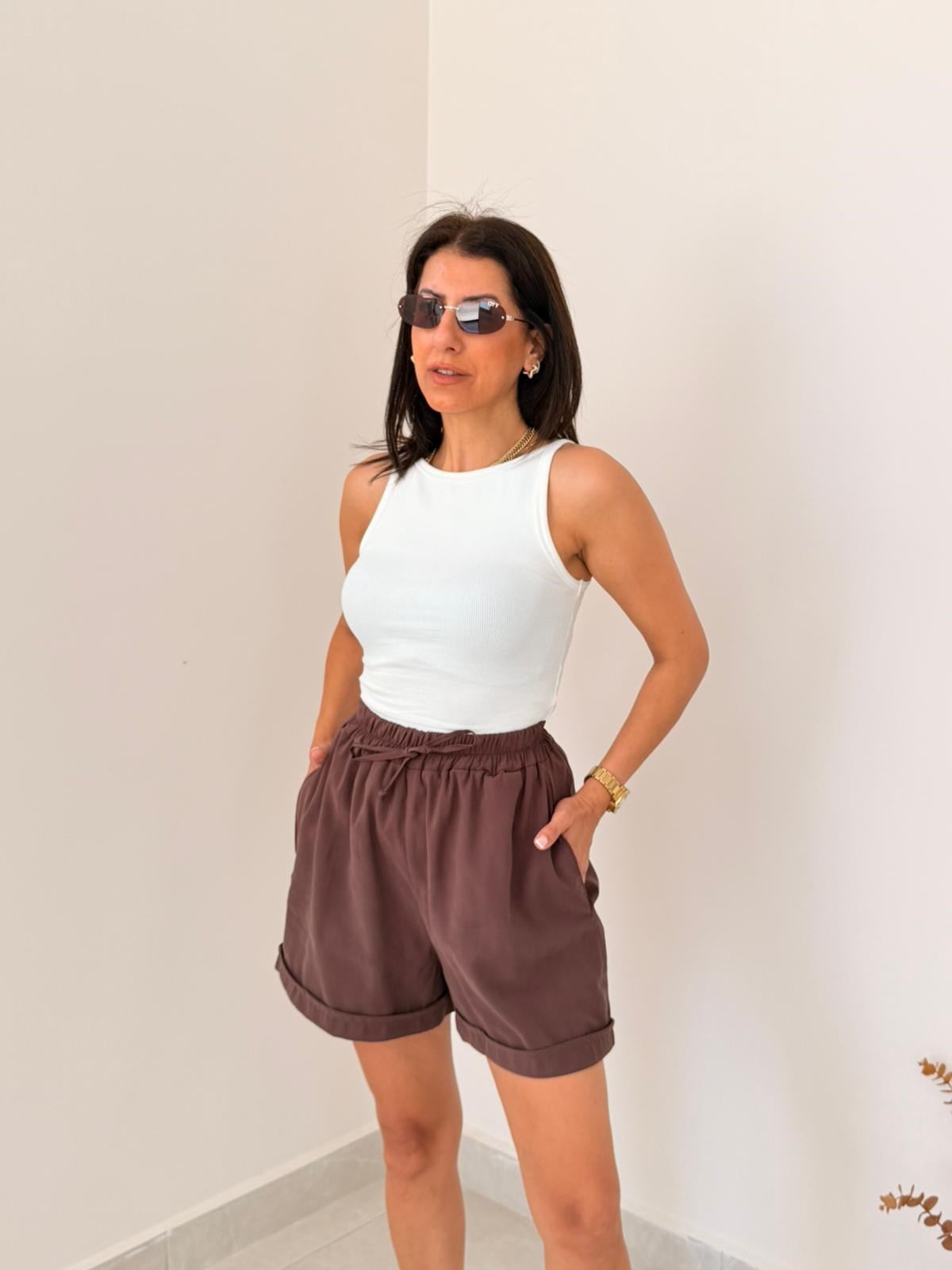 Bel Lastikli Tensel Kumaş Duble Paça Şort Kahve