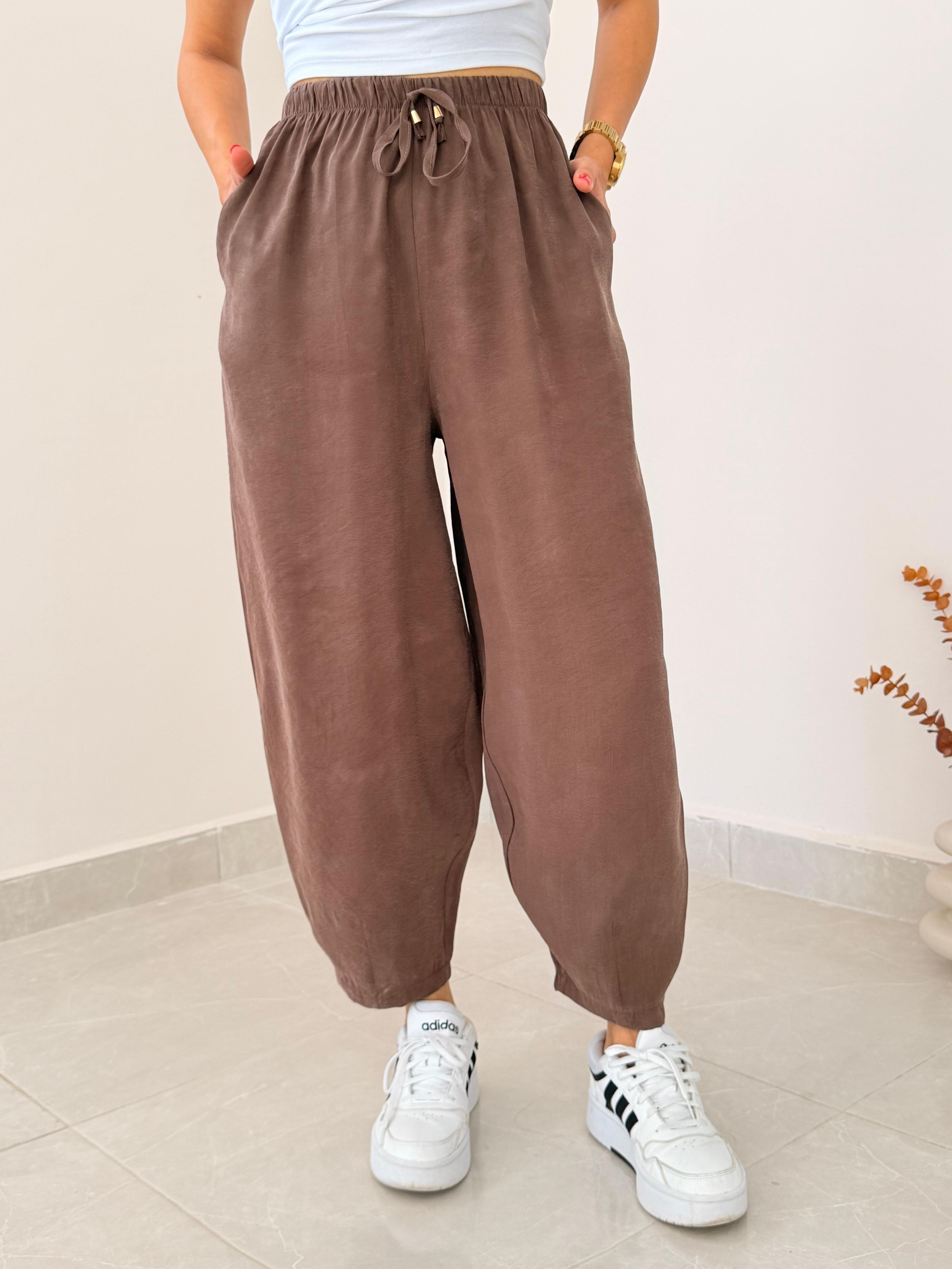 Bel Lastikli Tensel Kumaş Şalvar Pantolon Kahve