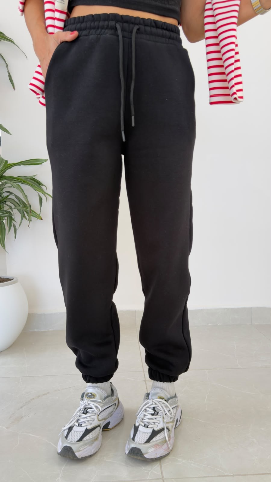 Bel Lastikli Üç İplik Şardonlu Jogger Eşofman Siyah
