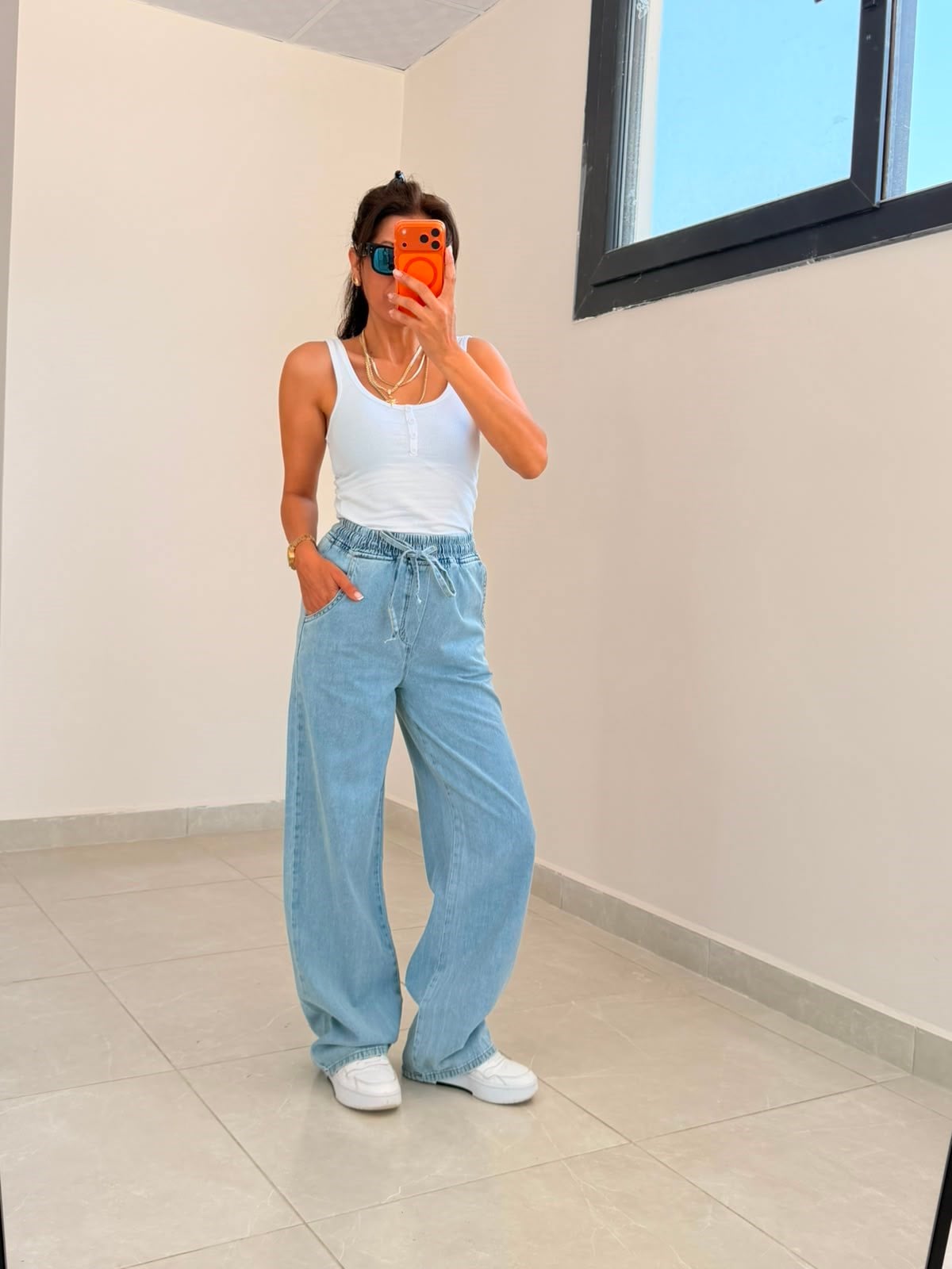 Beli Lastikli İnce Kot Kumaş  Palazzo 