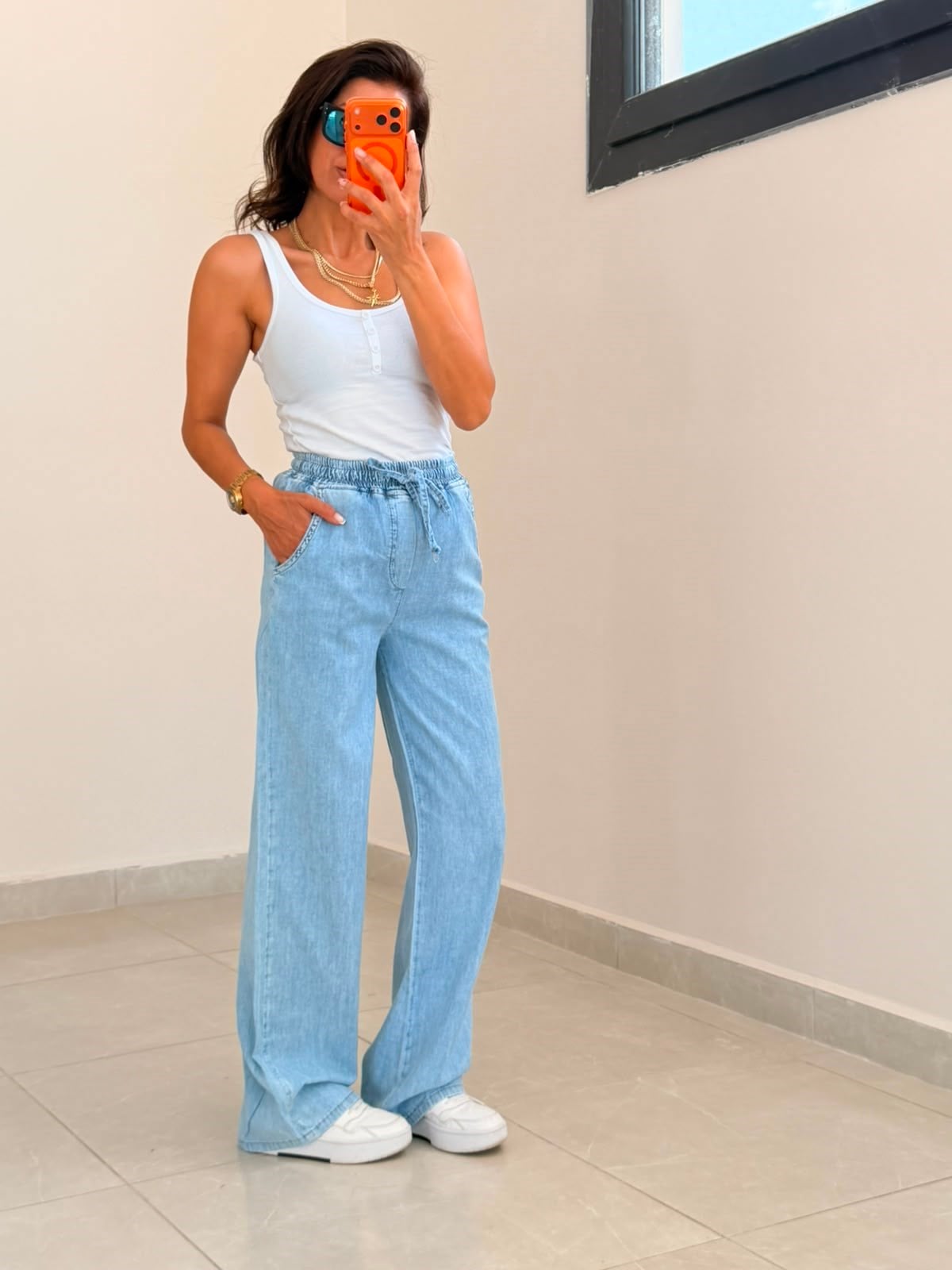 Beli Lastikli İnce Kot Kumaş Palazzo Açık Mavi