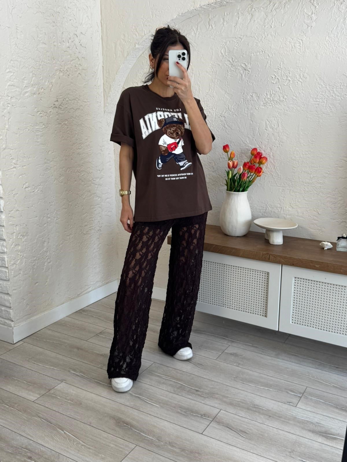 Bisiklet Yaka California Teddy Oversıze Tshirt Kahve