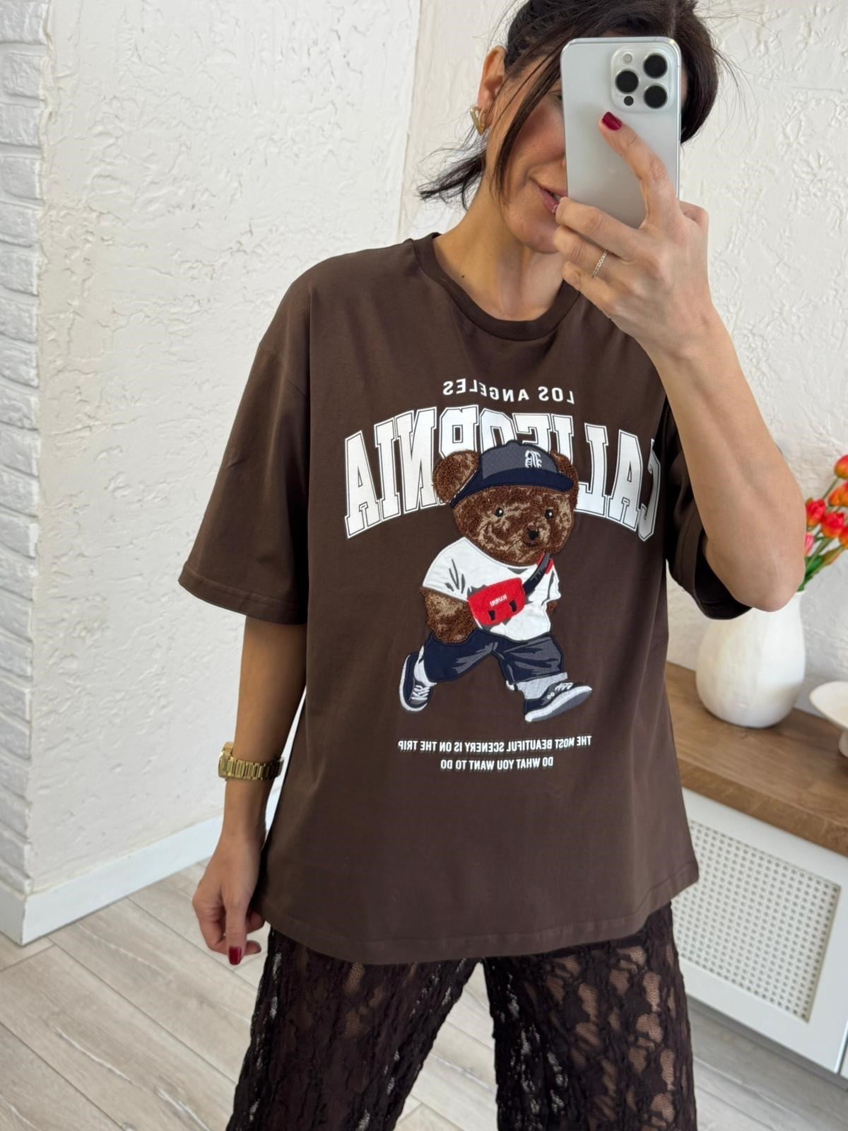 Bisiklet Yaka California Teddy Oversıze Tshirt Kahve