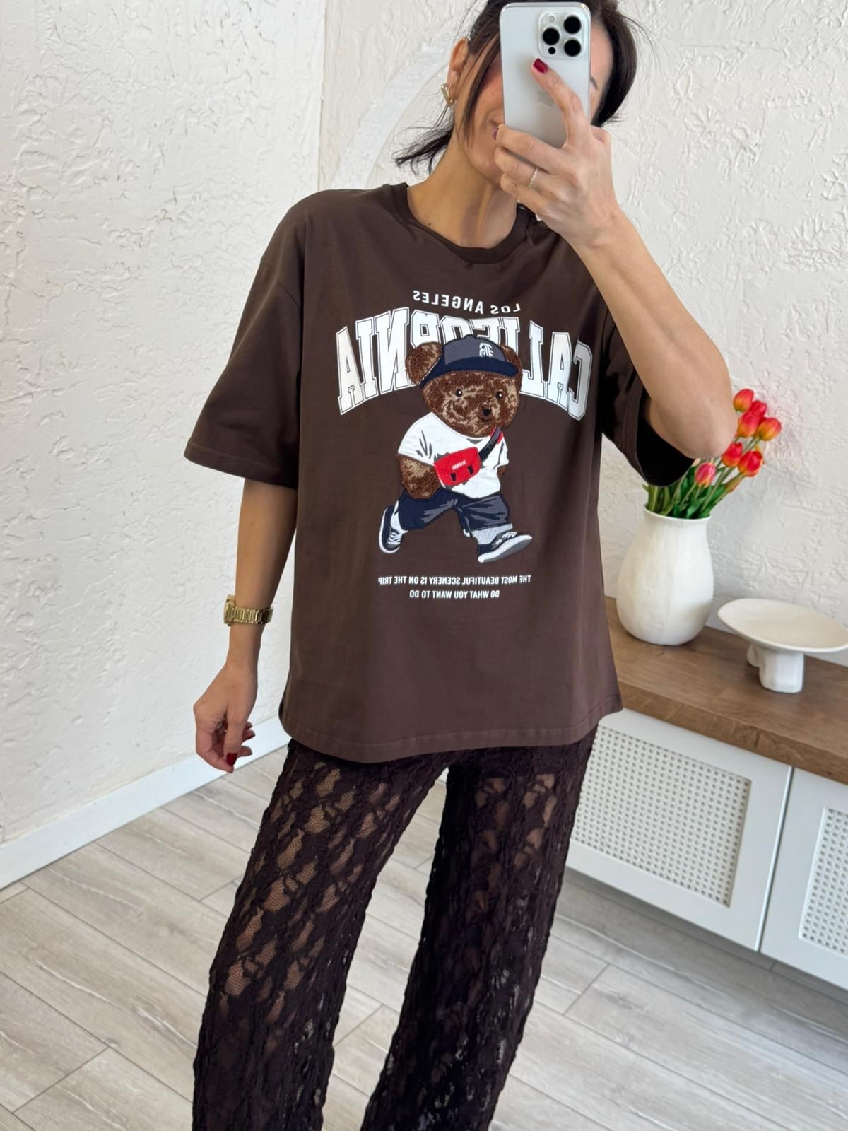 Bisiklet Yaka California Teddy Oversıze Tshirt Kahve