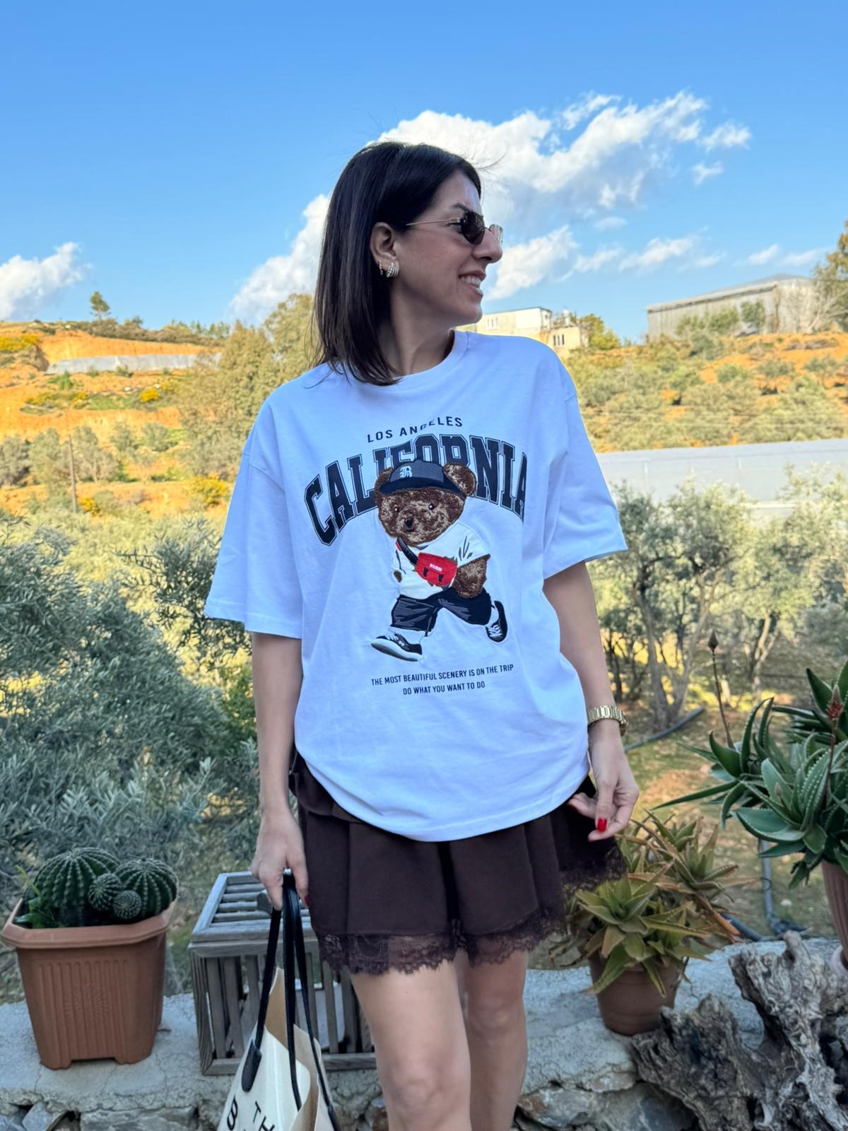 Bisiklet Yaka California Teddy Oversıze Tshirt Beyaz