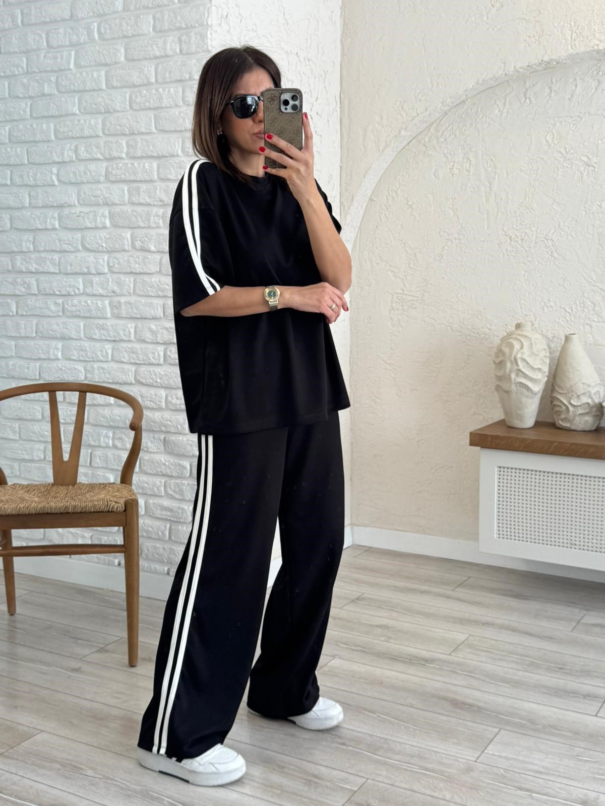 Bisiklet Yaka Çift Şeritli Modal Kumaş Takım Siyah