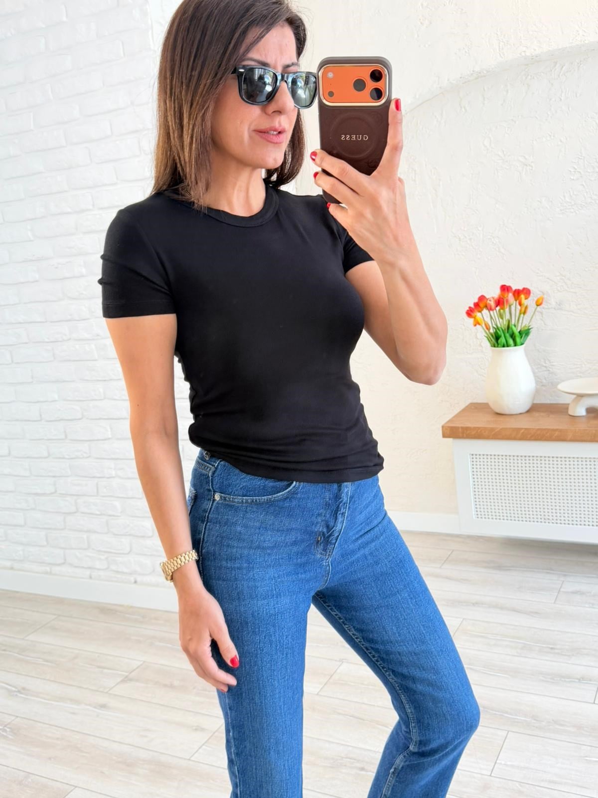 Bisiklet Yaka Düz Basic Badi Siyah