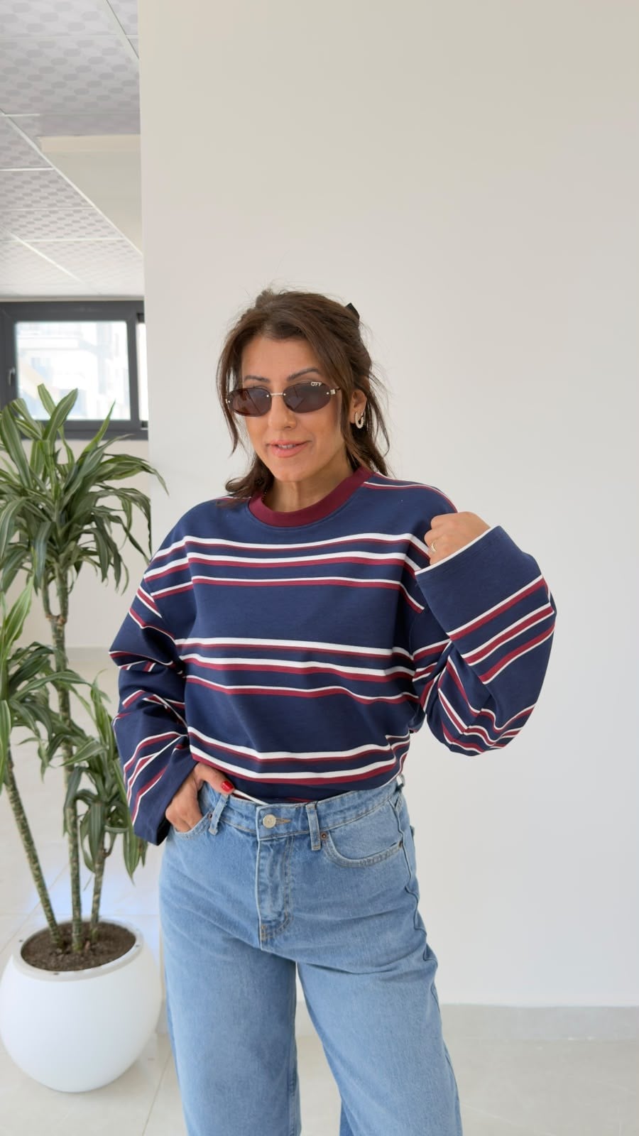 Bisiklet Yaka Geniş Kol Bordo Çizgili Sweat Lacivert