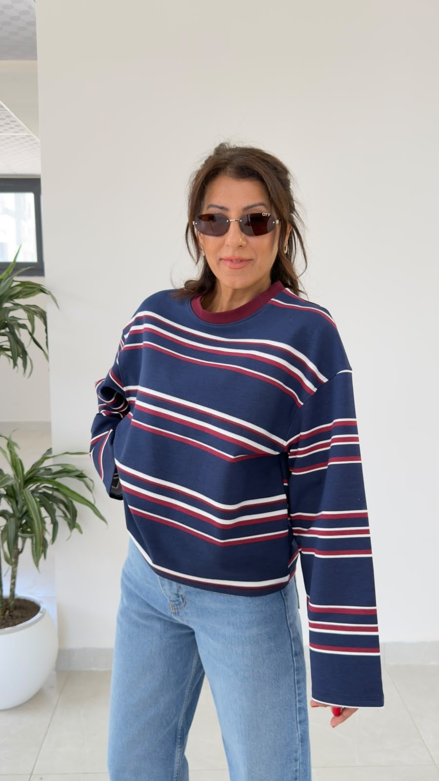 Bisiklet Yaka Geniş Kol Bordo Çizgili Sweat Lacivert