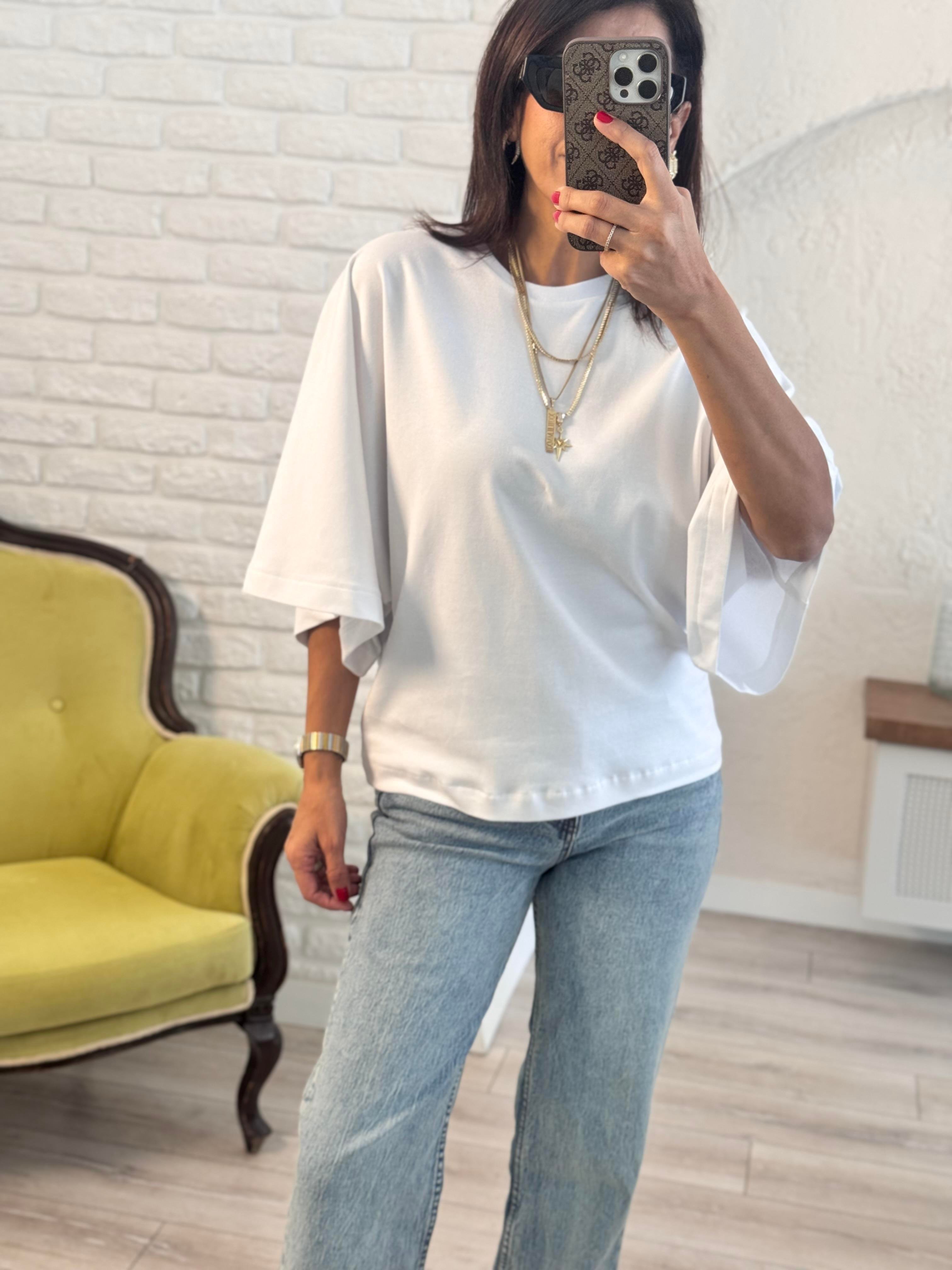 Bisiklet Yaka Geniş Kol Sırt Dikiş Detaylı Tshirt Beyaz 