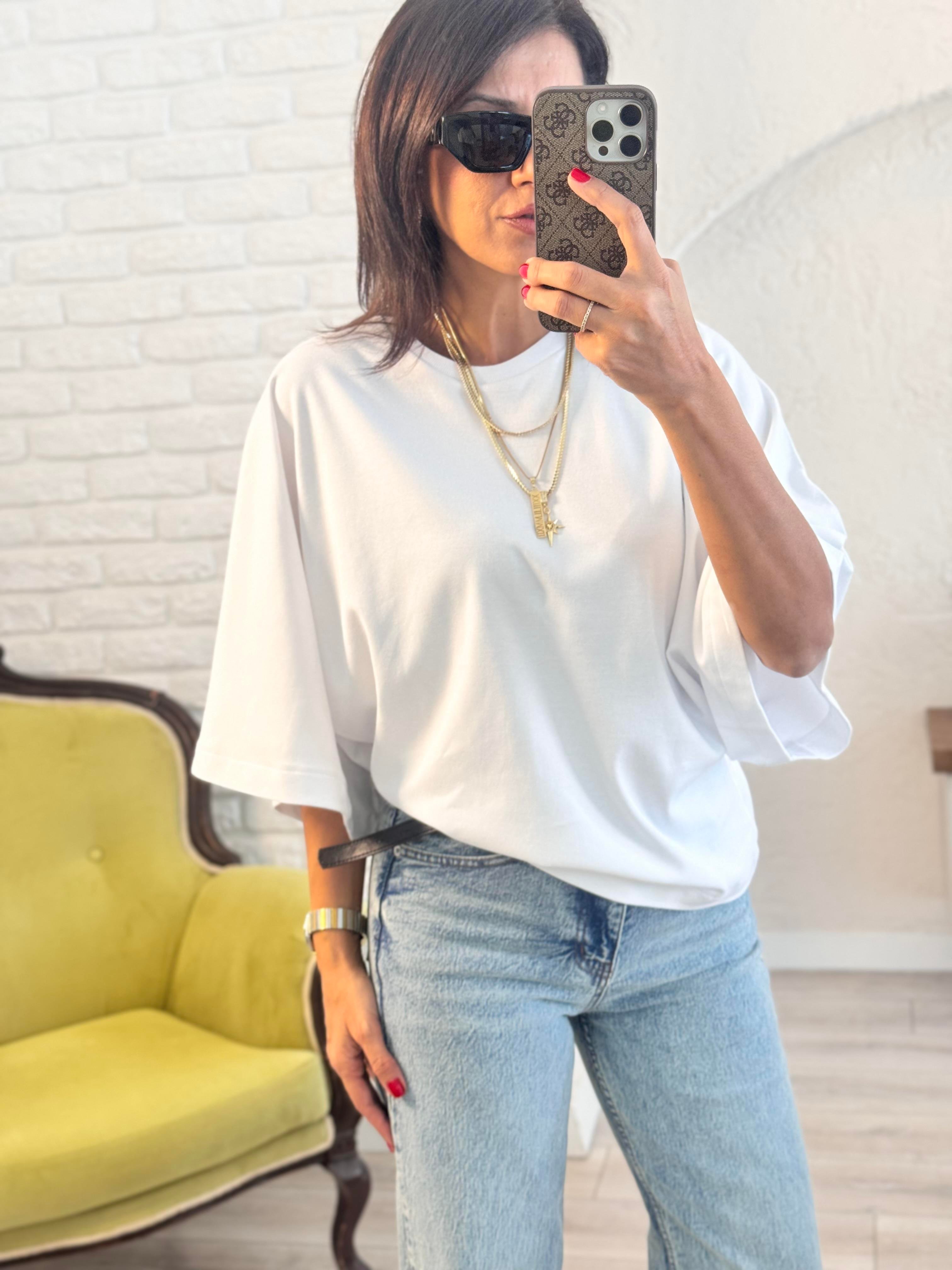 Bisiklet Yaka Geniş Kol Sırt Dikiş Detaylı Tshirt Beyaz 