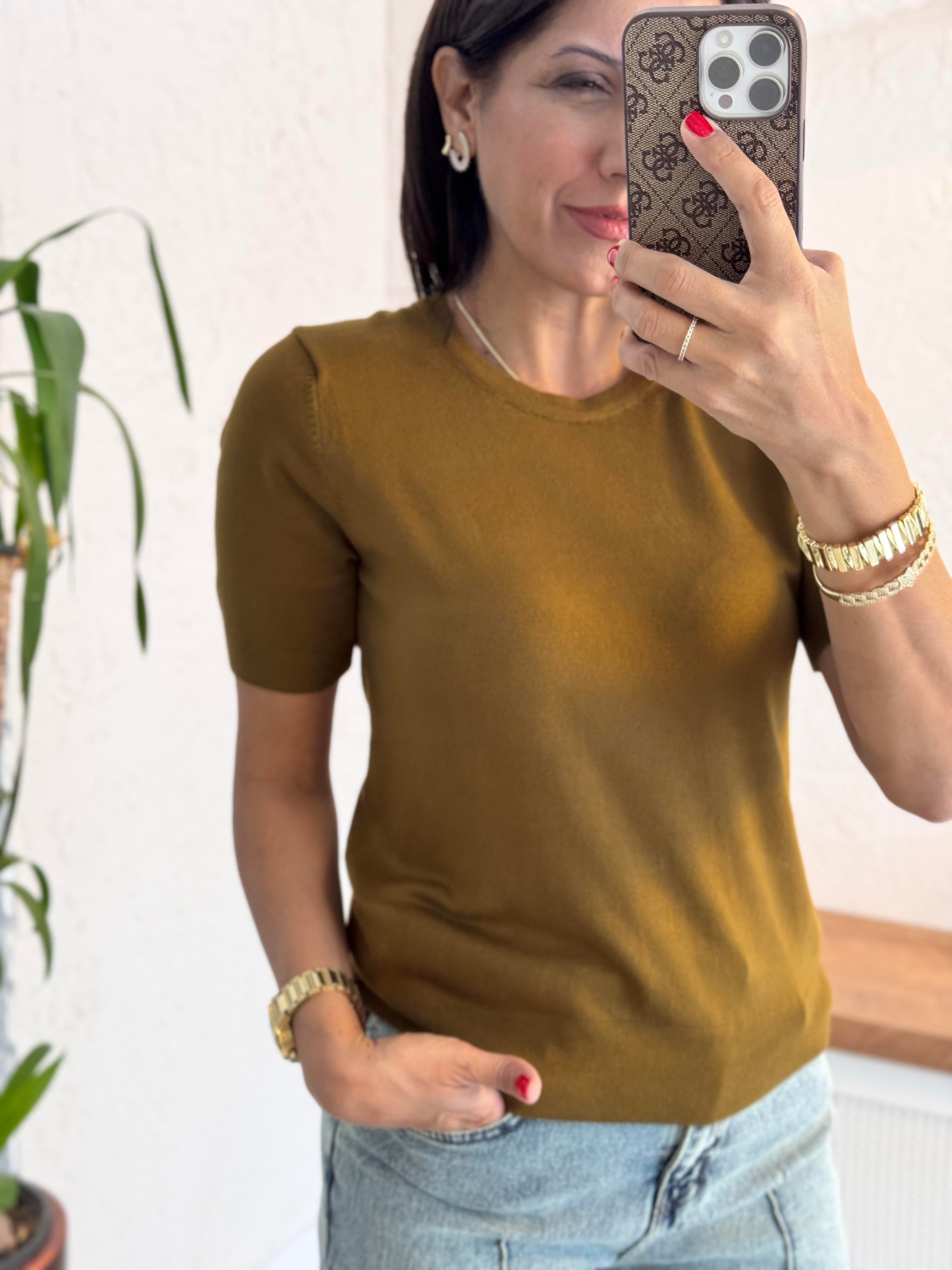 Bisiklet Yaka Kısa Kol Basic Triko Bluz Yağ Yeşili