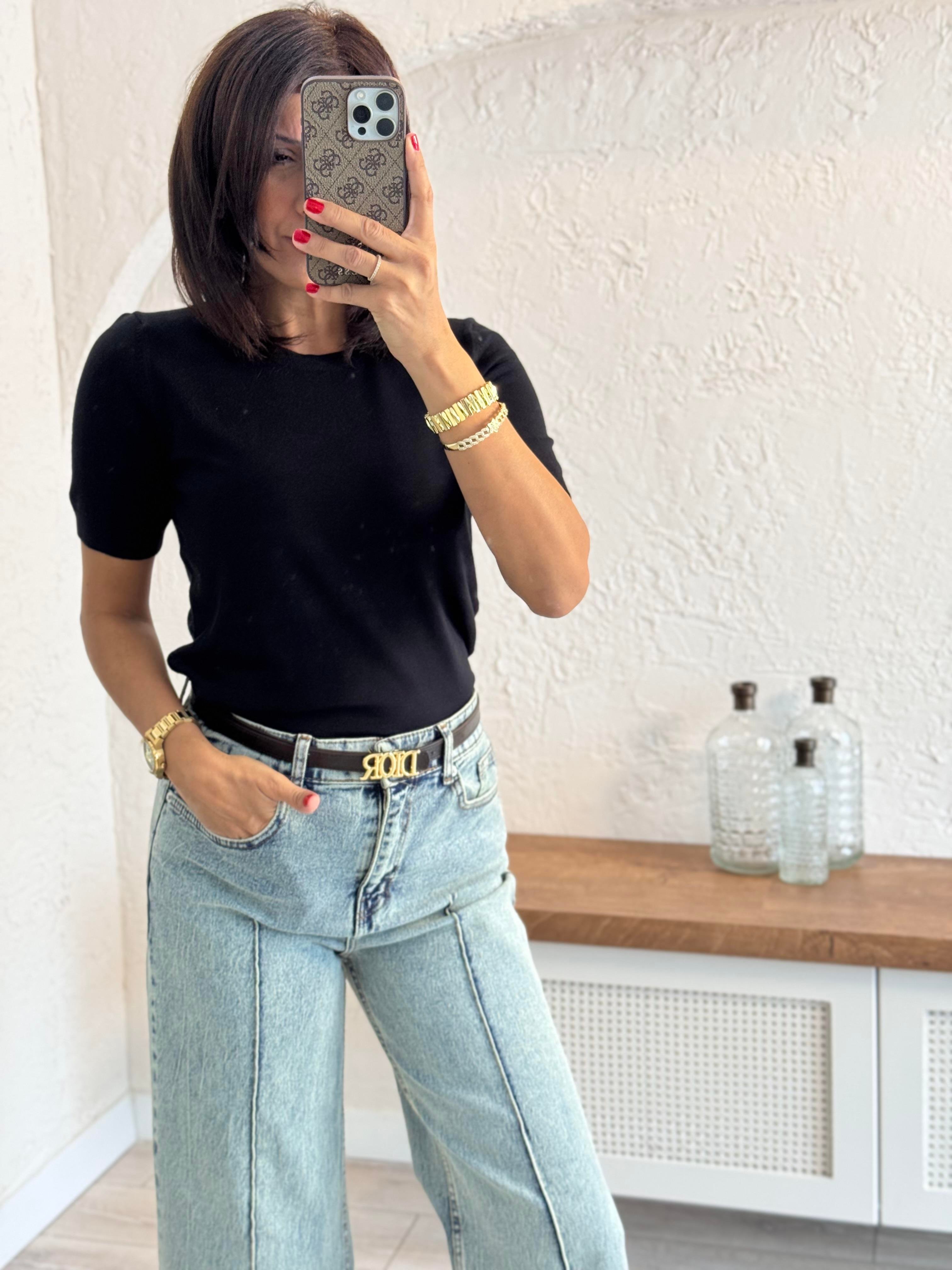 Bisiklet Yaka Kısa kol Basic Triko Bluz Siyah