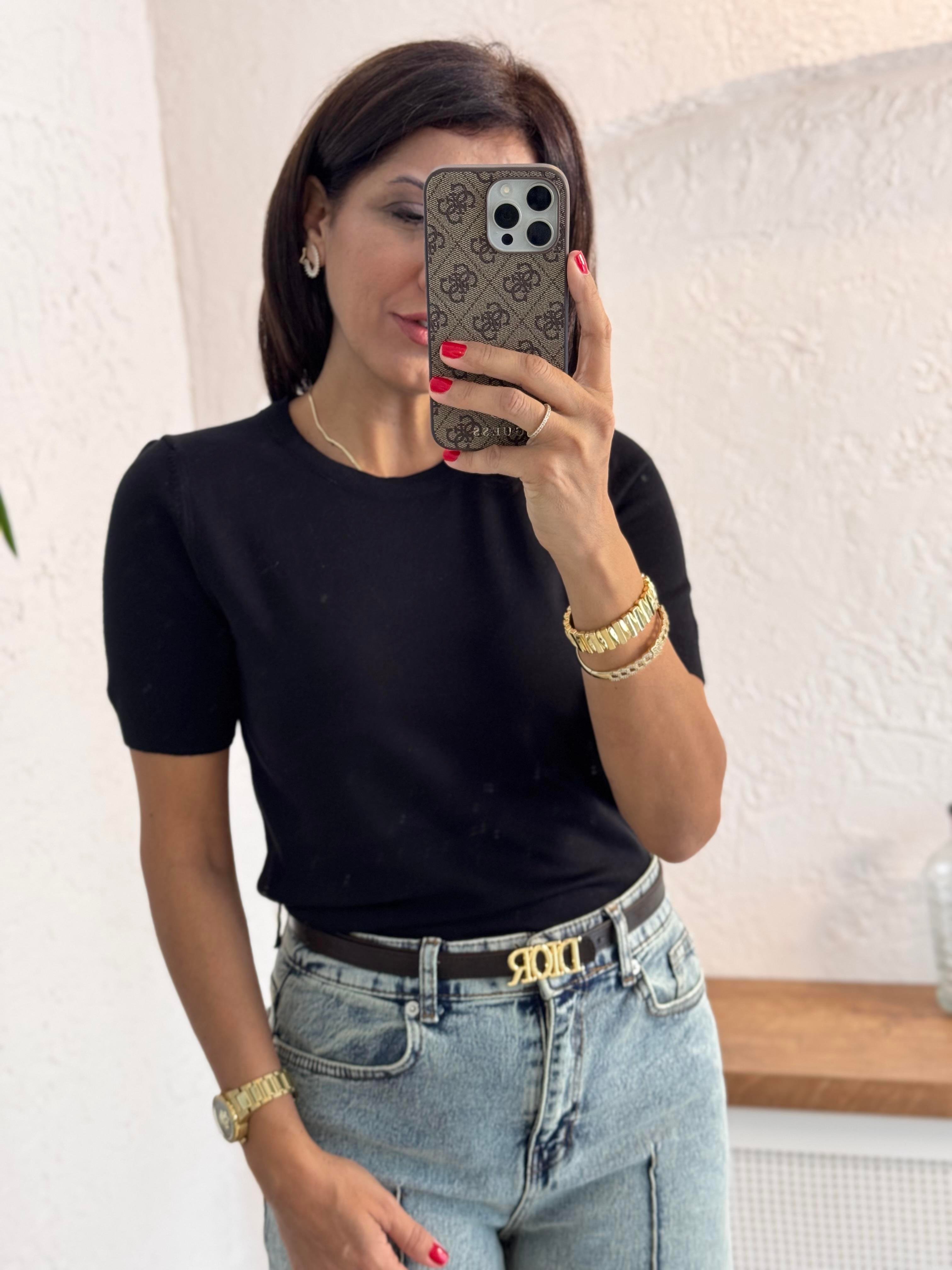 Bisiklet Yaka Kısa kol Basic Triko Bluz Siyah