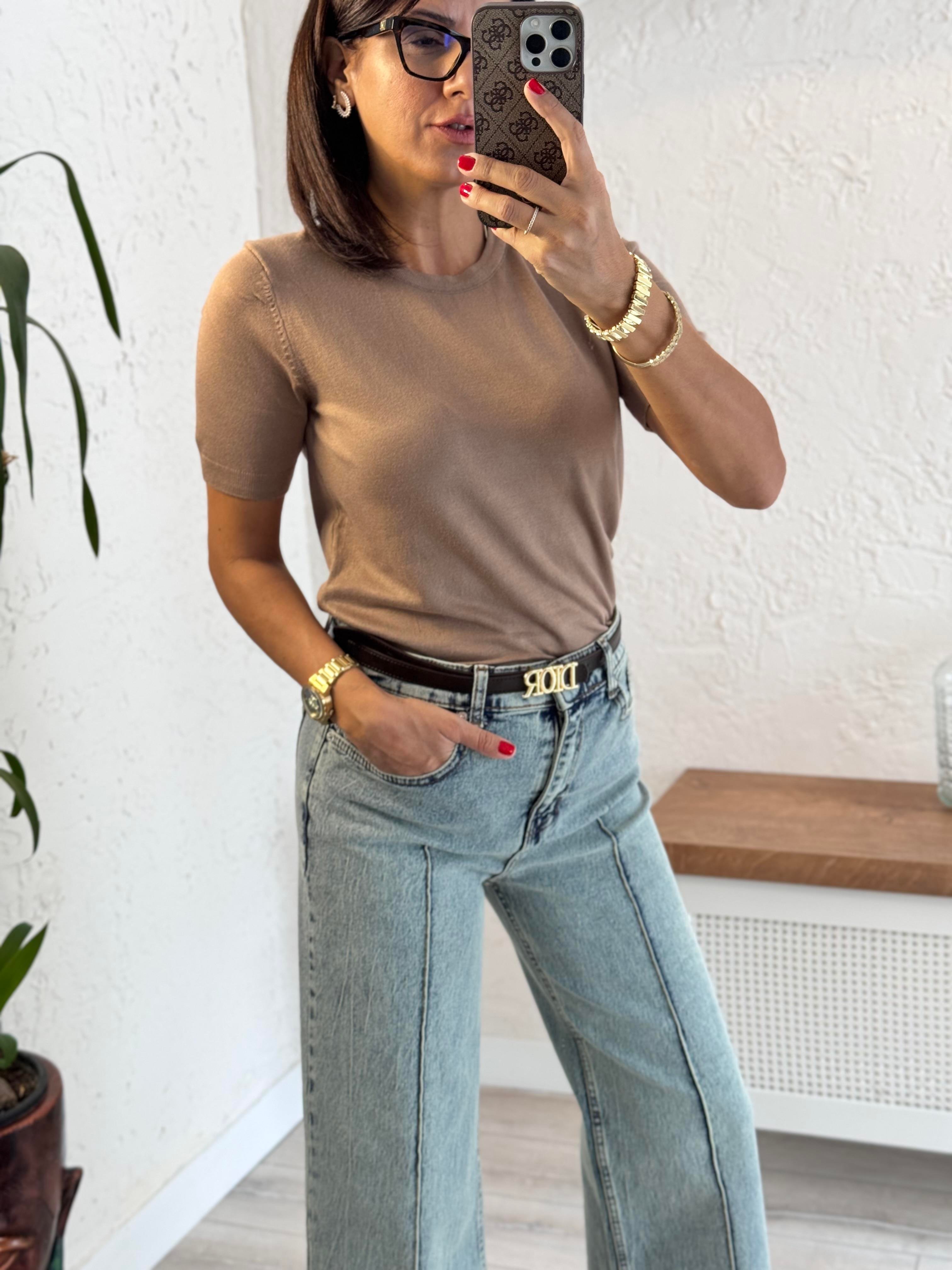Bisiklet Yaka  Kısa Kol Basic Triko Bluz Koyu Vizon