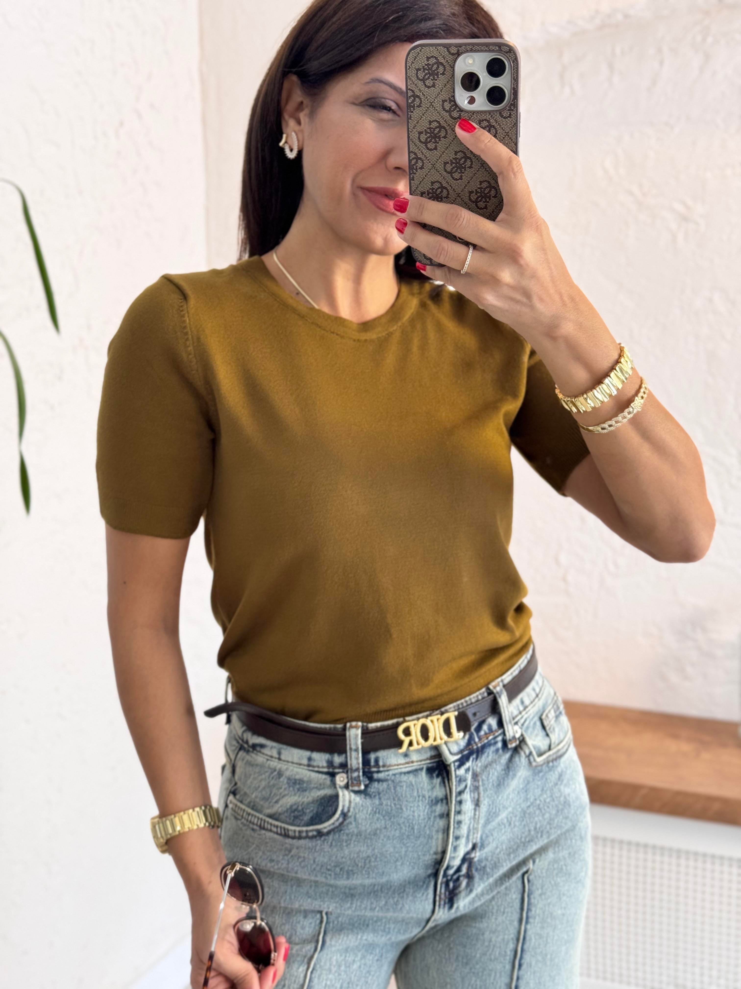 Bisiklet Yaka Kısa Kol Basic Triko Bluz Yağ Yeşili