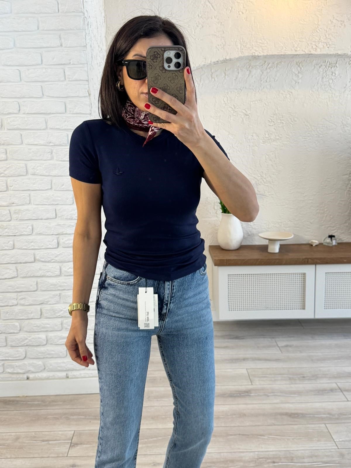 Bisiklet Yaka Kuş Nakışlı Pamuklu Badi Lacivert