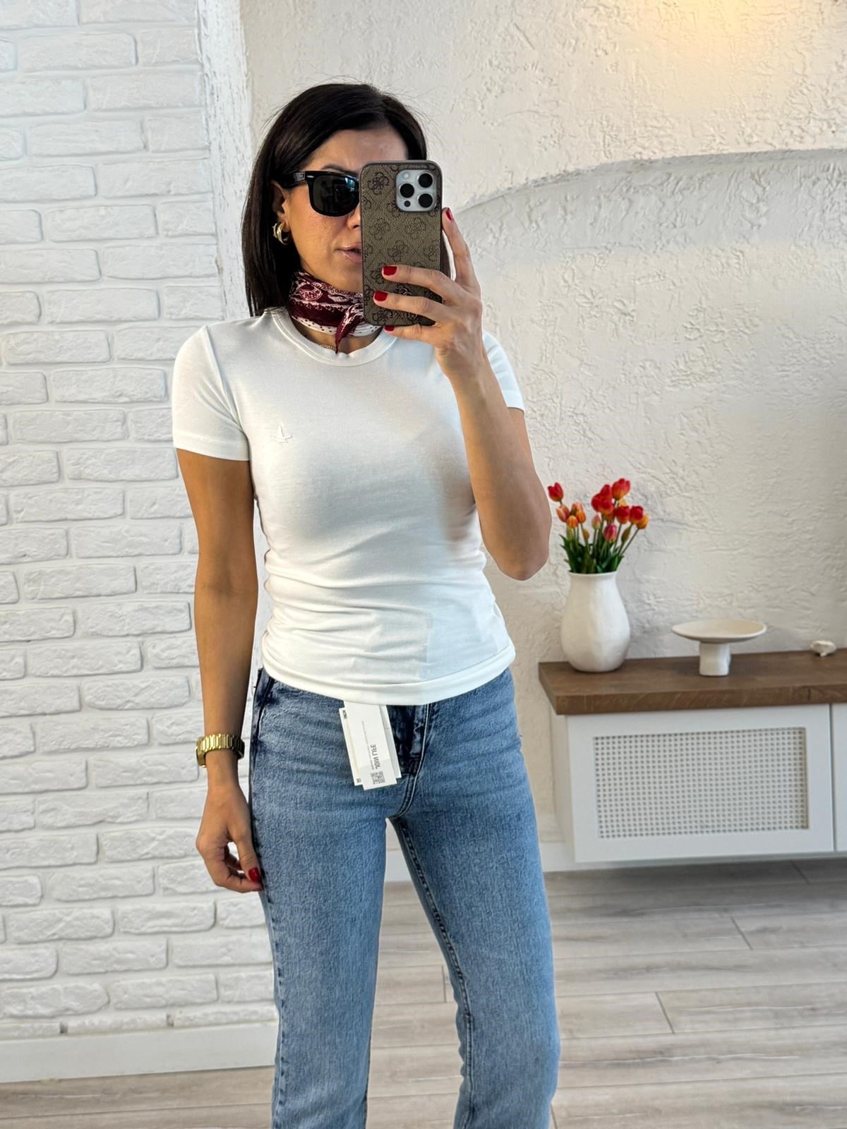 Bisiklet Yaka Kuş Nakışlı Pamuklu Badi Ekru