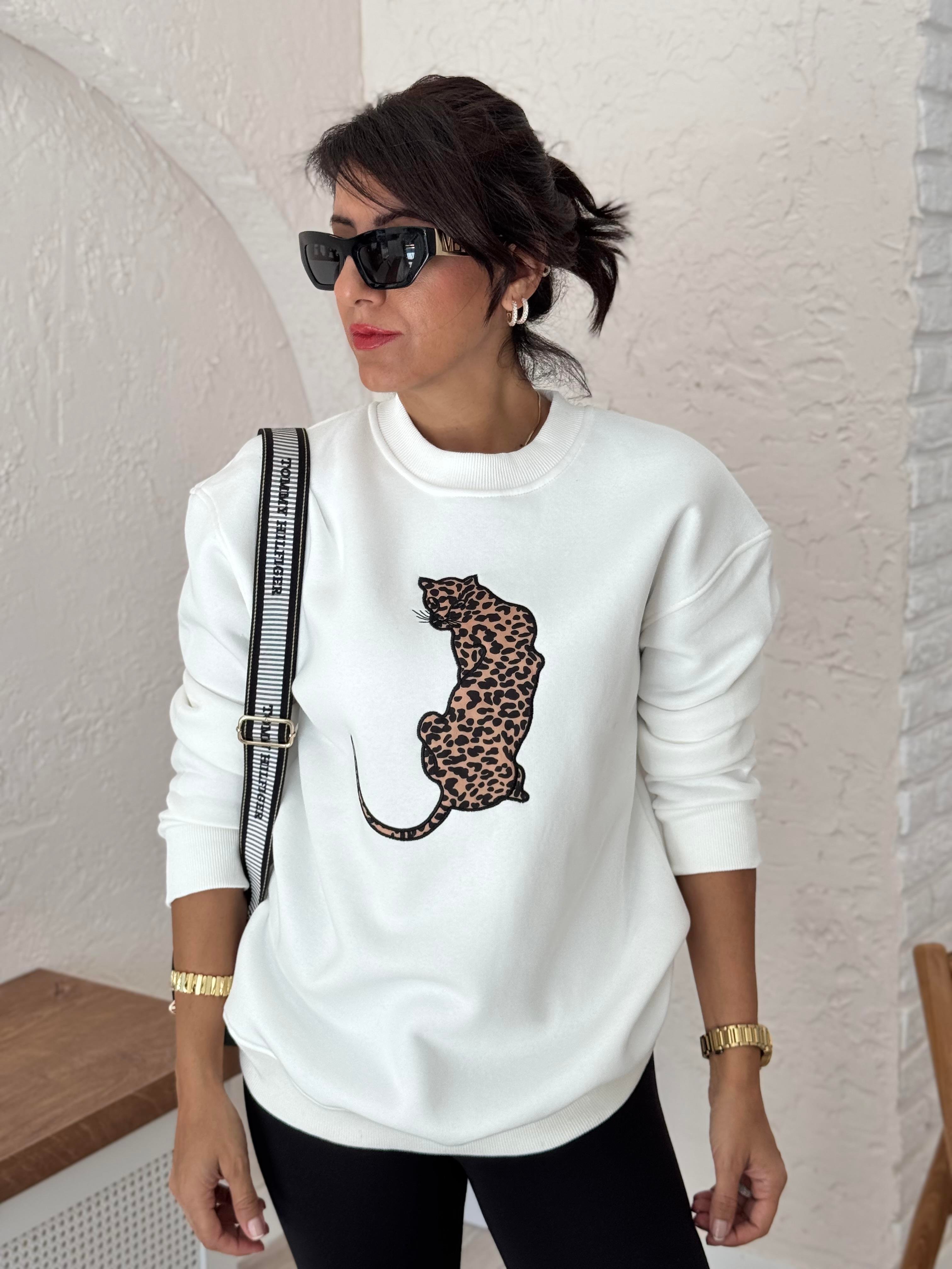 Bisiklet Yaka Leopar Figürlü Sweat Beyaz