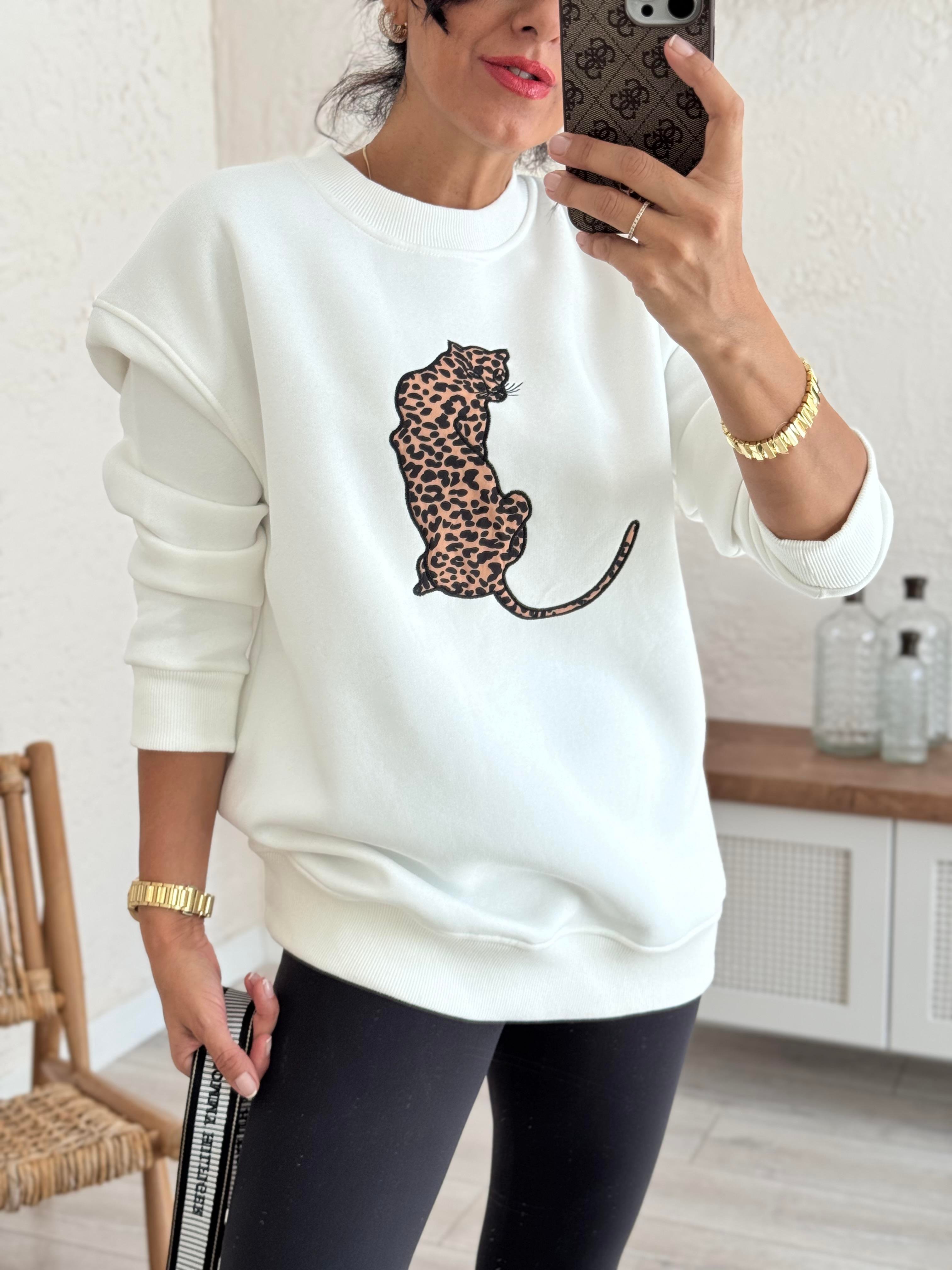 Bisiklet Yaka Leopar Figürlü Sweat Beyaz