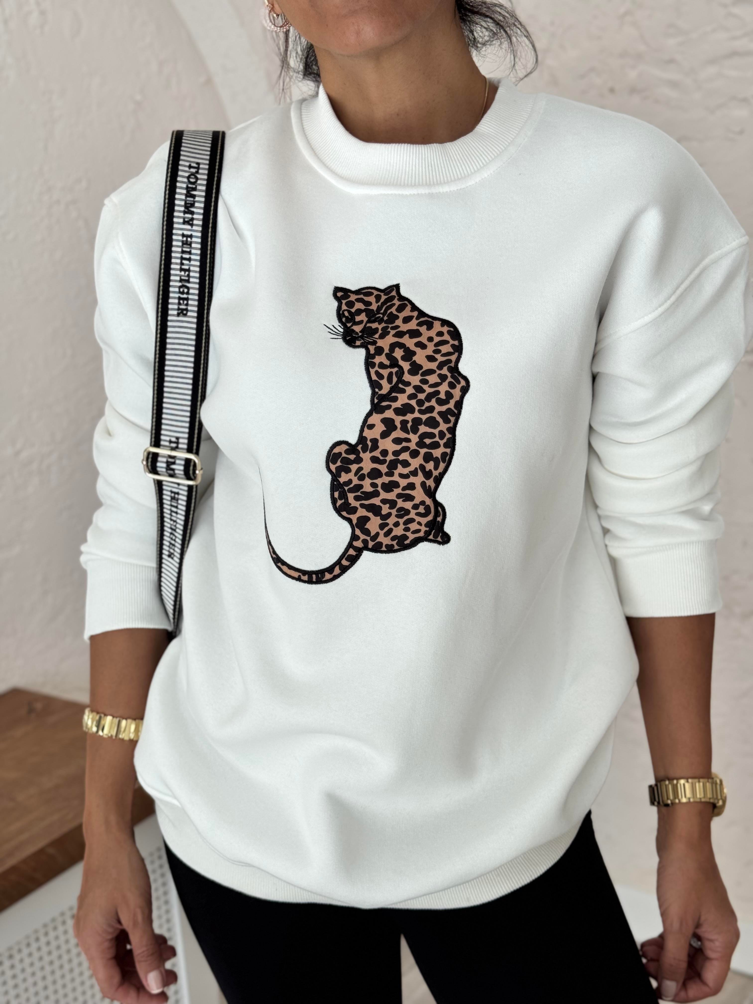 Bisiklet Yaka Leopar Figürlü Sweat Beyaz