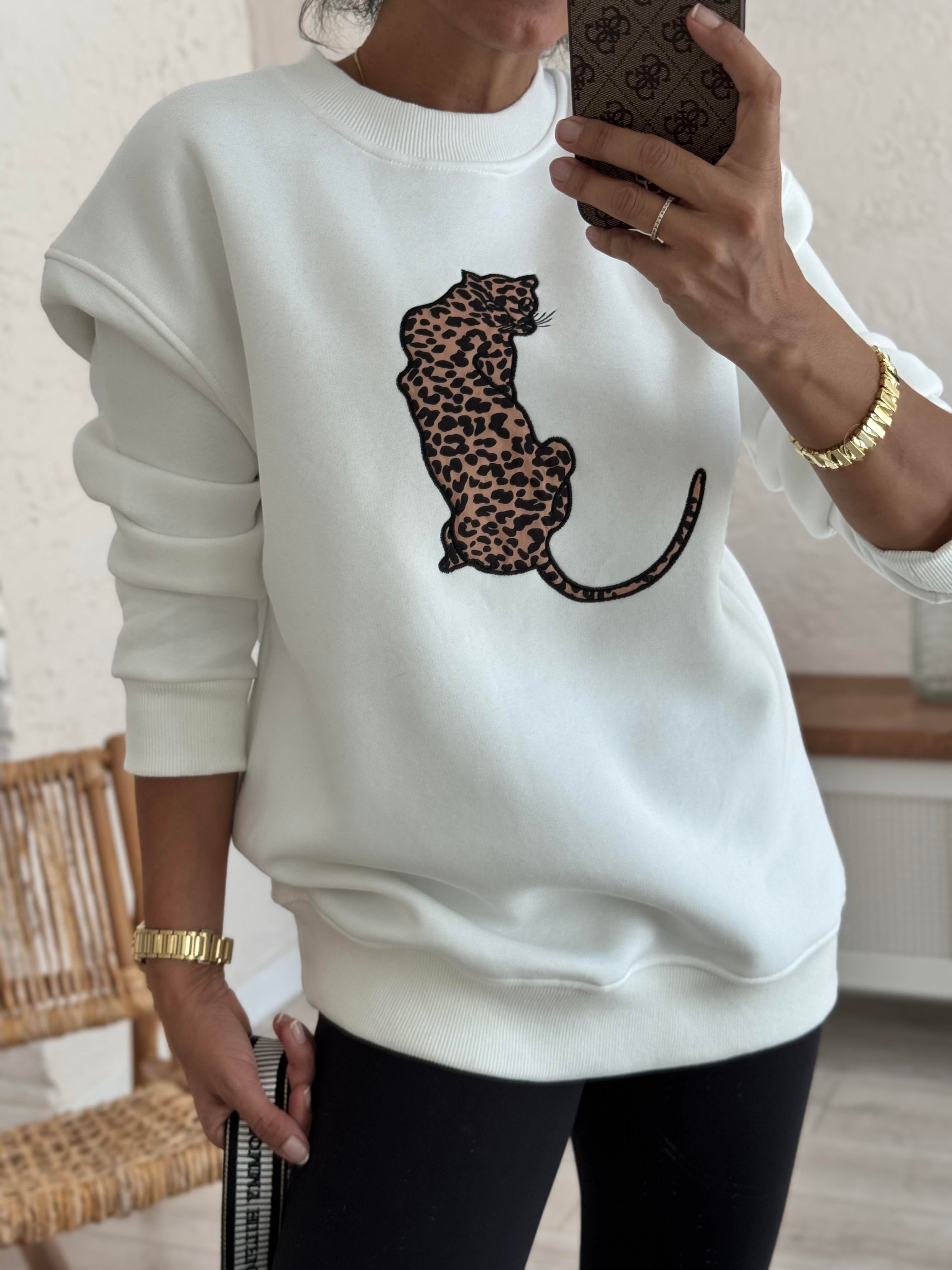 Bisiklet Yaka Leopar Figürlü Sweat Beyaz
