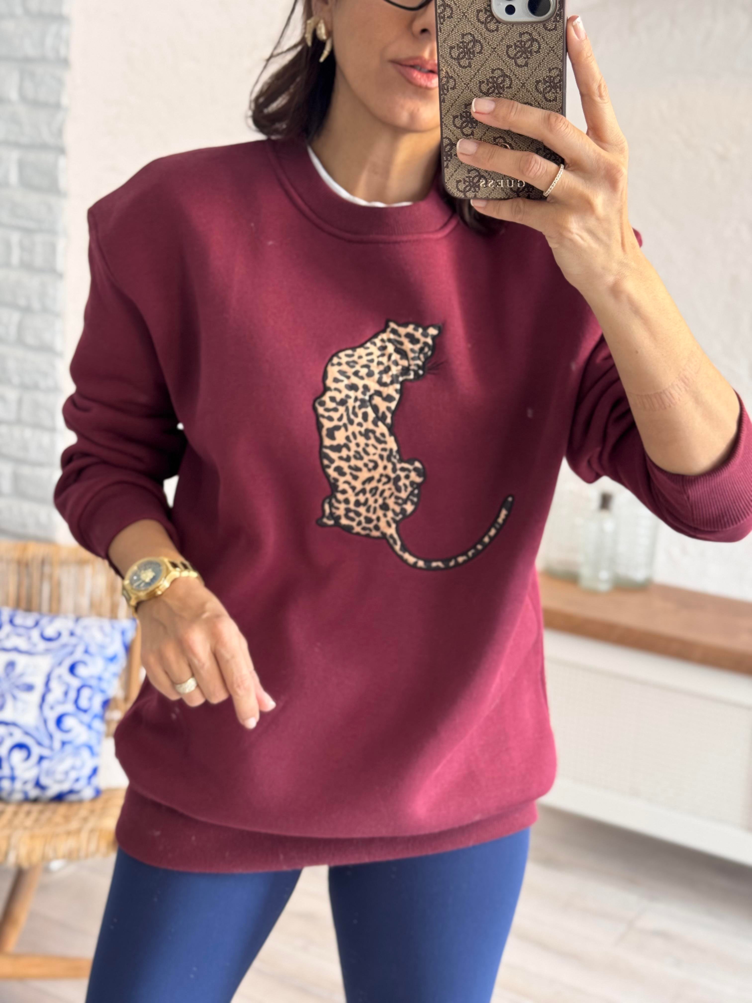 Bisiklet Yaka Leopar Figürlü Sweat Bordo