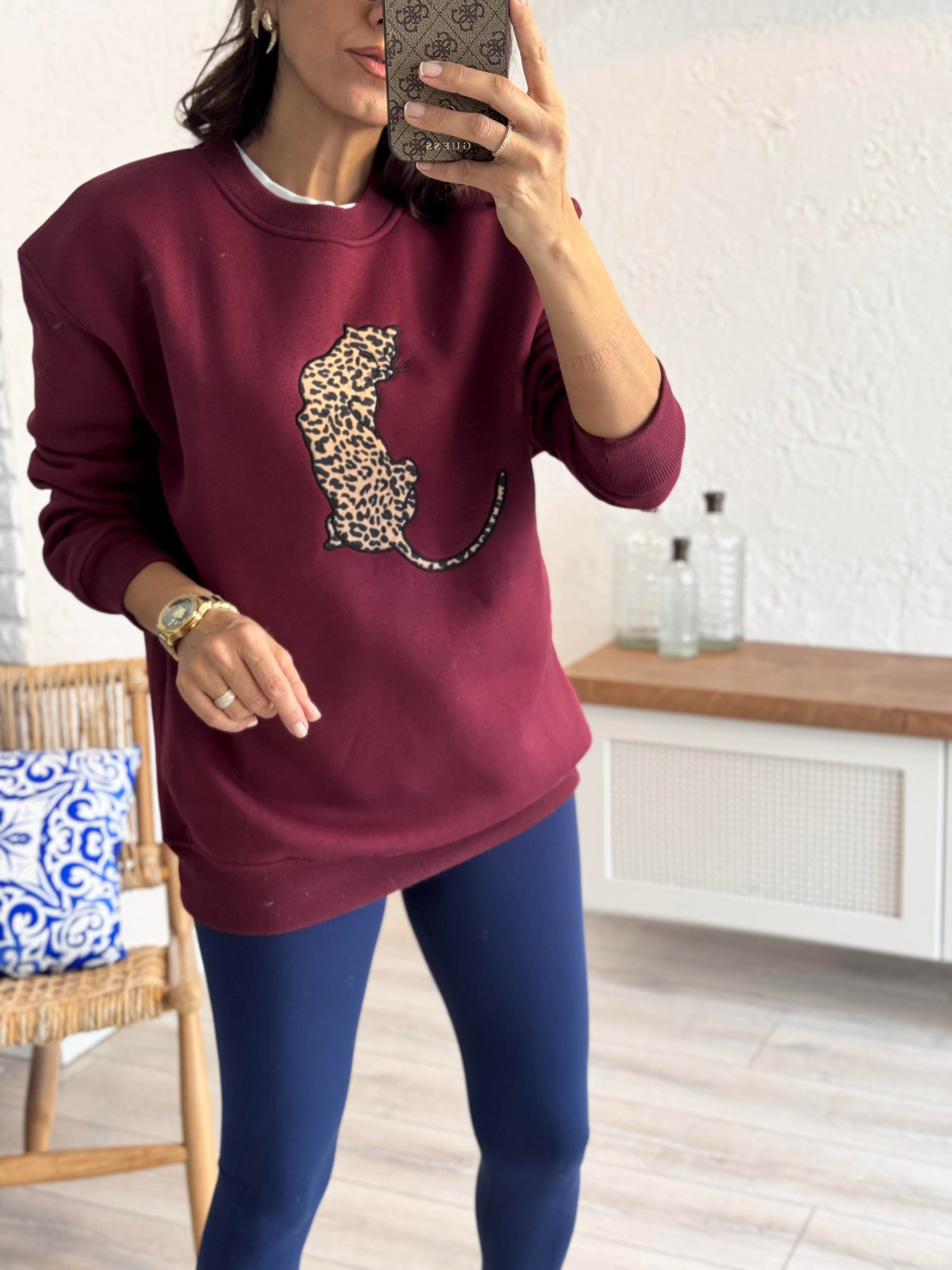 Bisiklet Yaka Leopar Figürlü Sweat Bordo