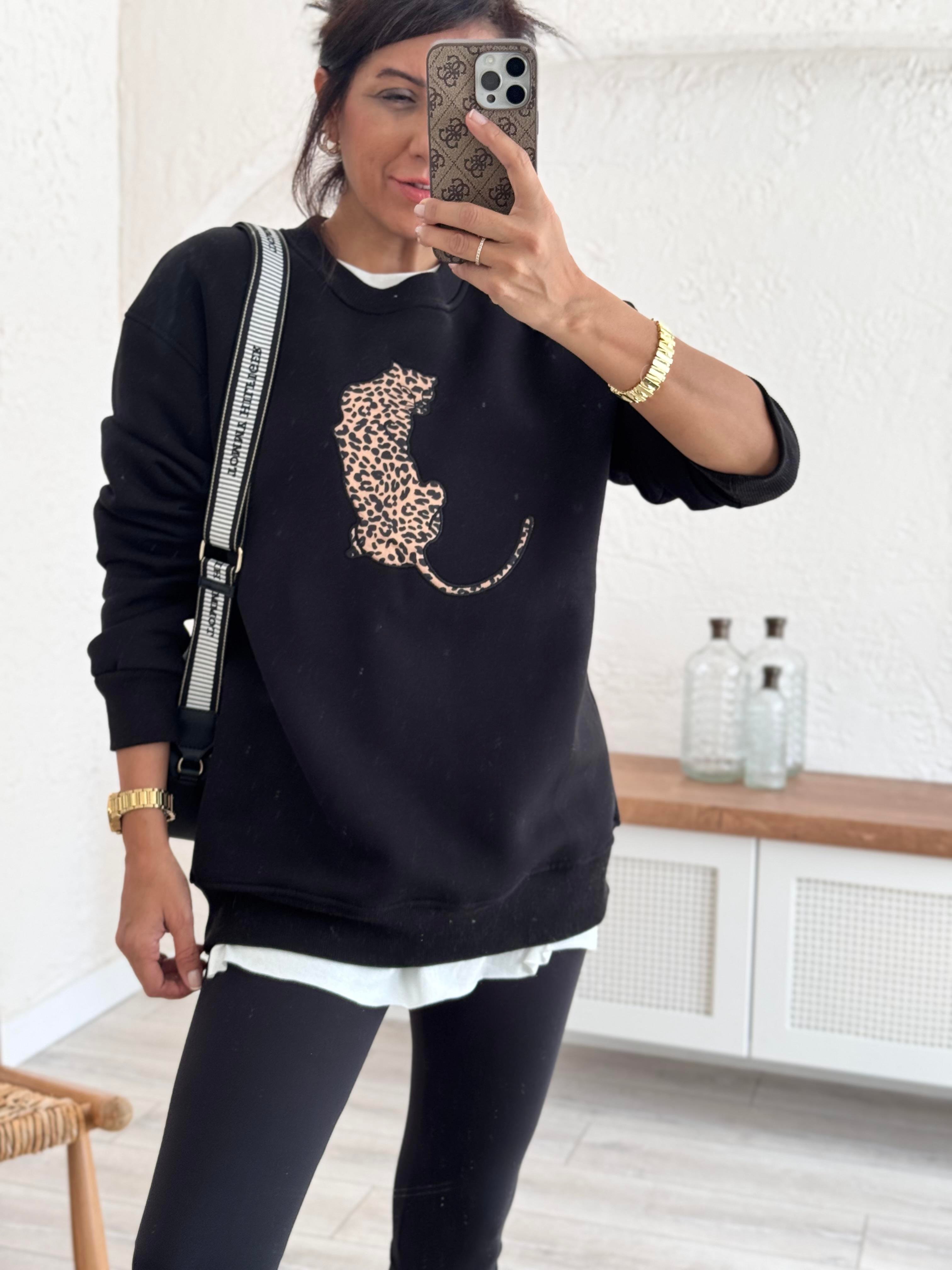 Bisiklet Yaka Leopar Figürlü Sweat Siyah