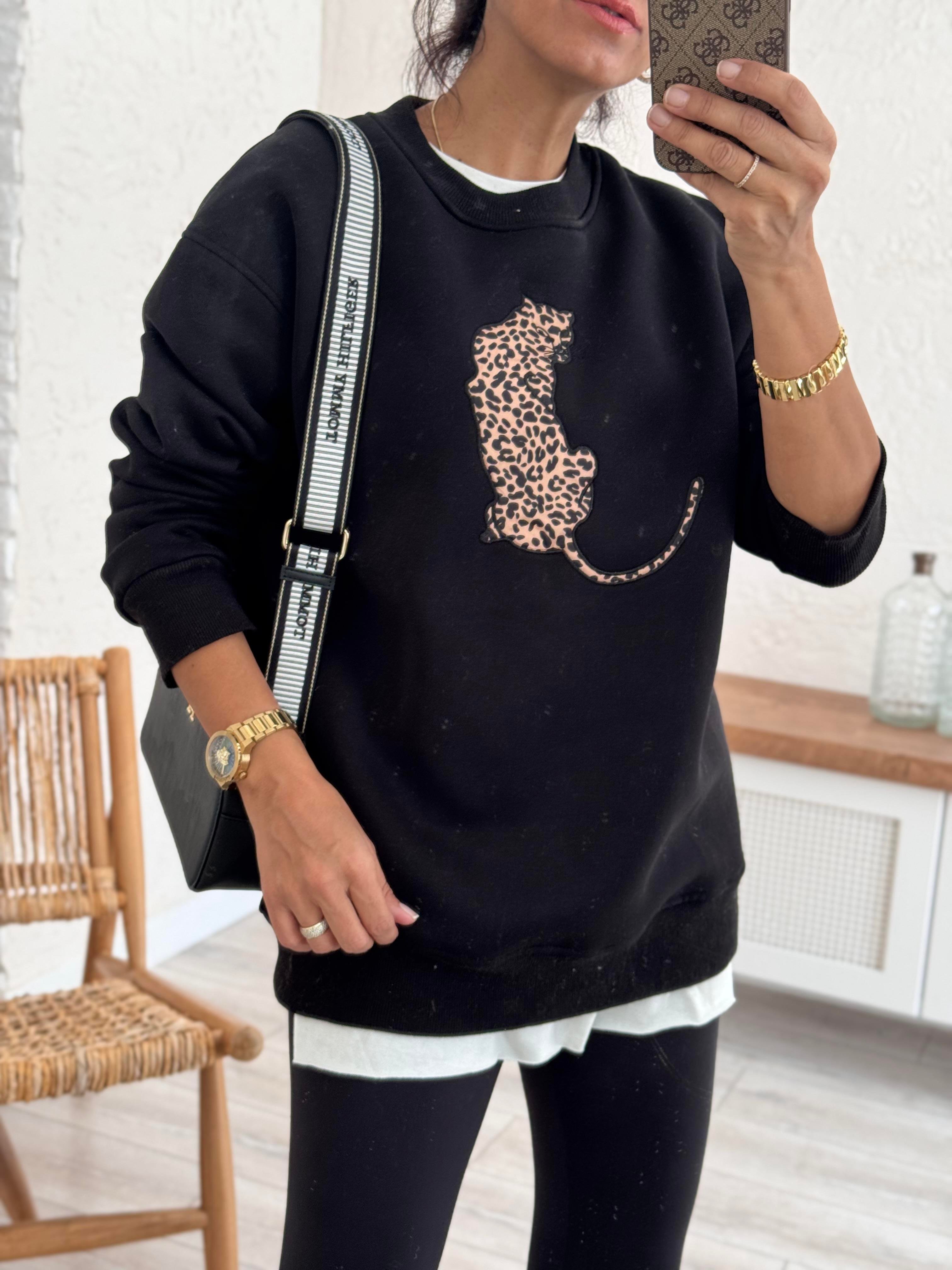 Bisiklet Yaka Leopar Figürlü Sweat Siyah