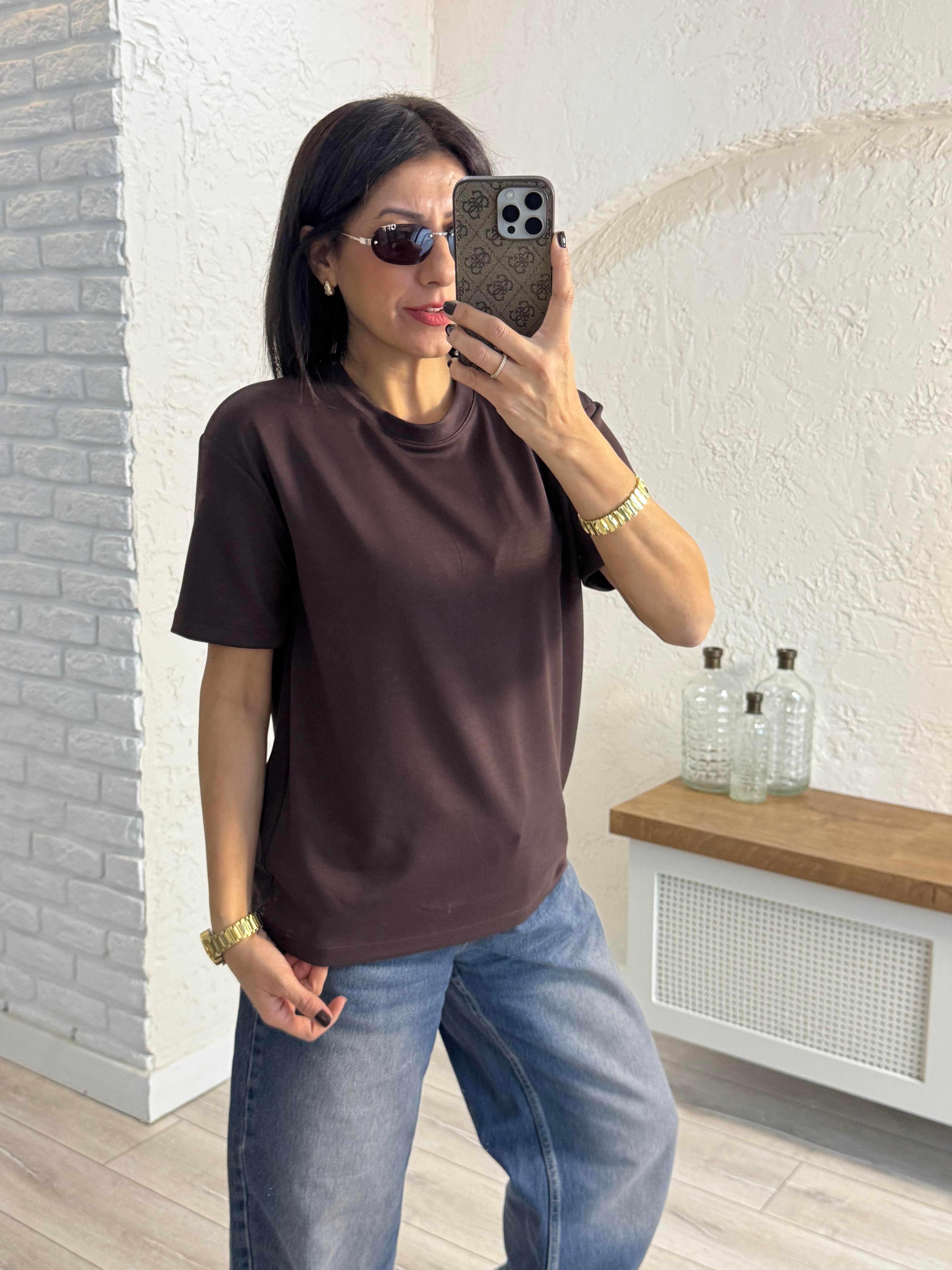 Bisiklet Yaka Modal Kumaş Tişört Kahve