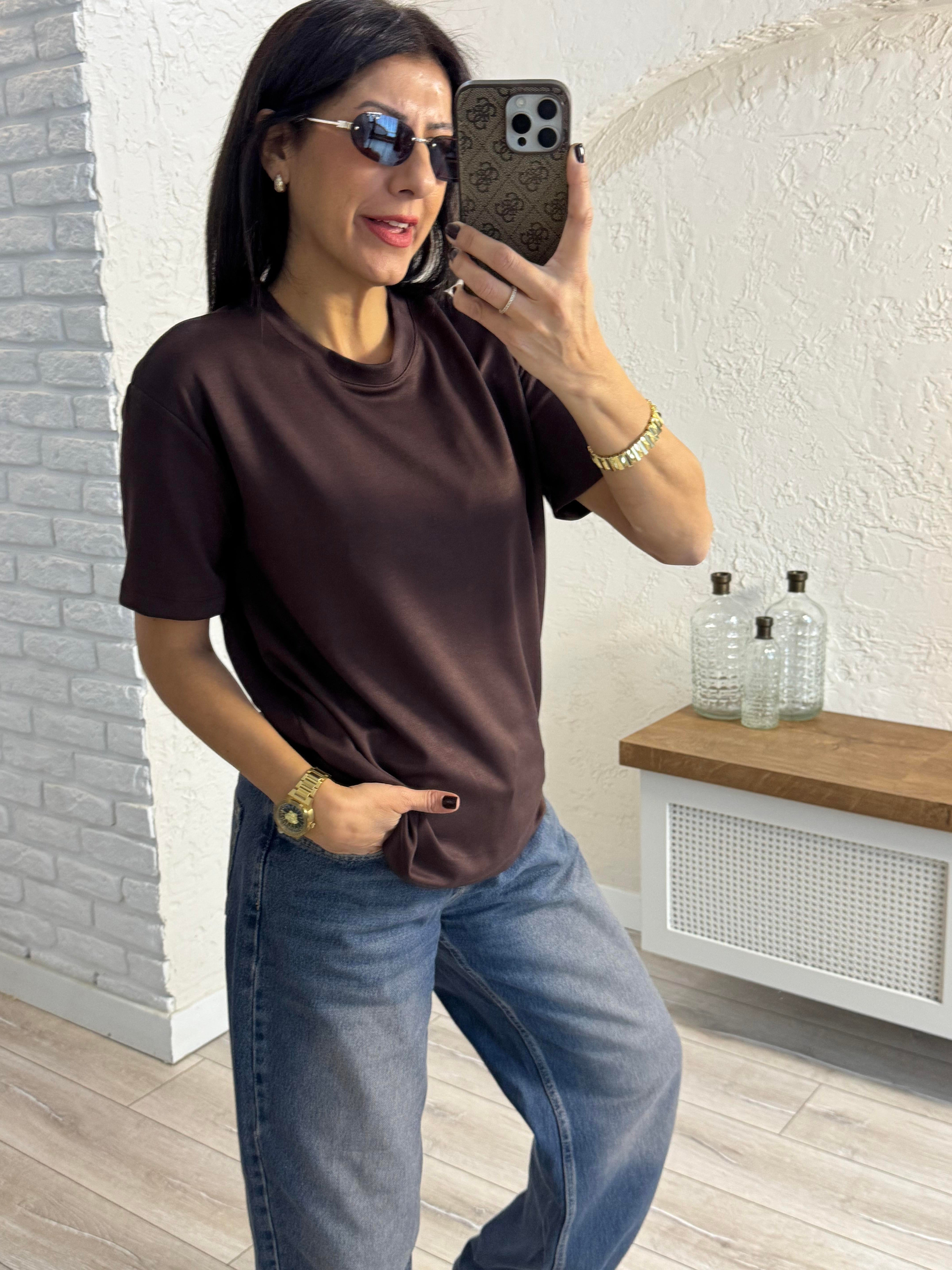 Bisiklet Yaka Modal Kumaş Tişört Kahve
