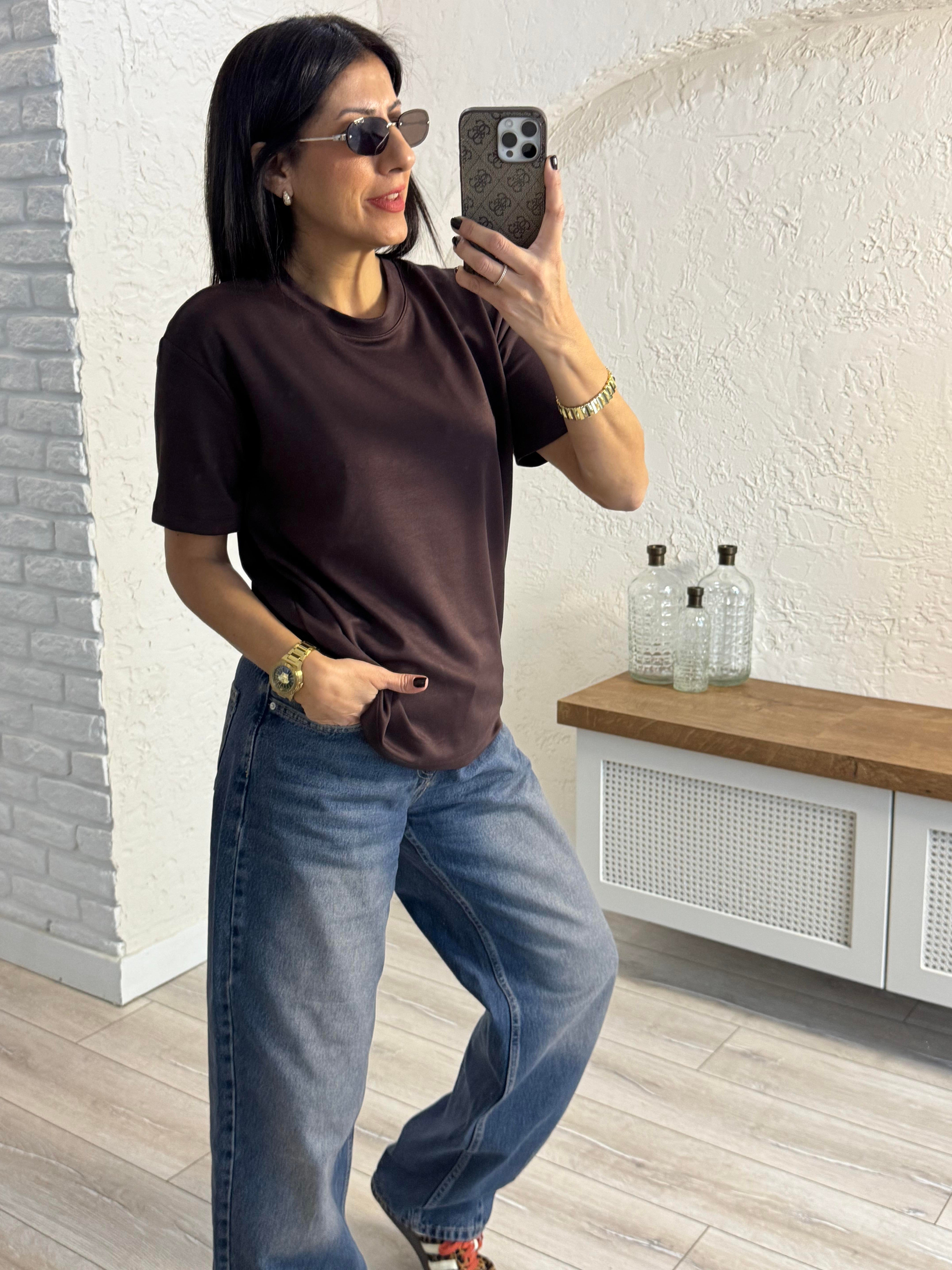 Bisiklet Yaka Modal Kumaş Tişört Kahve