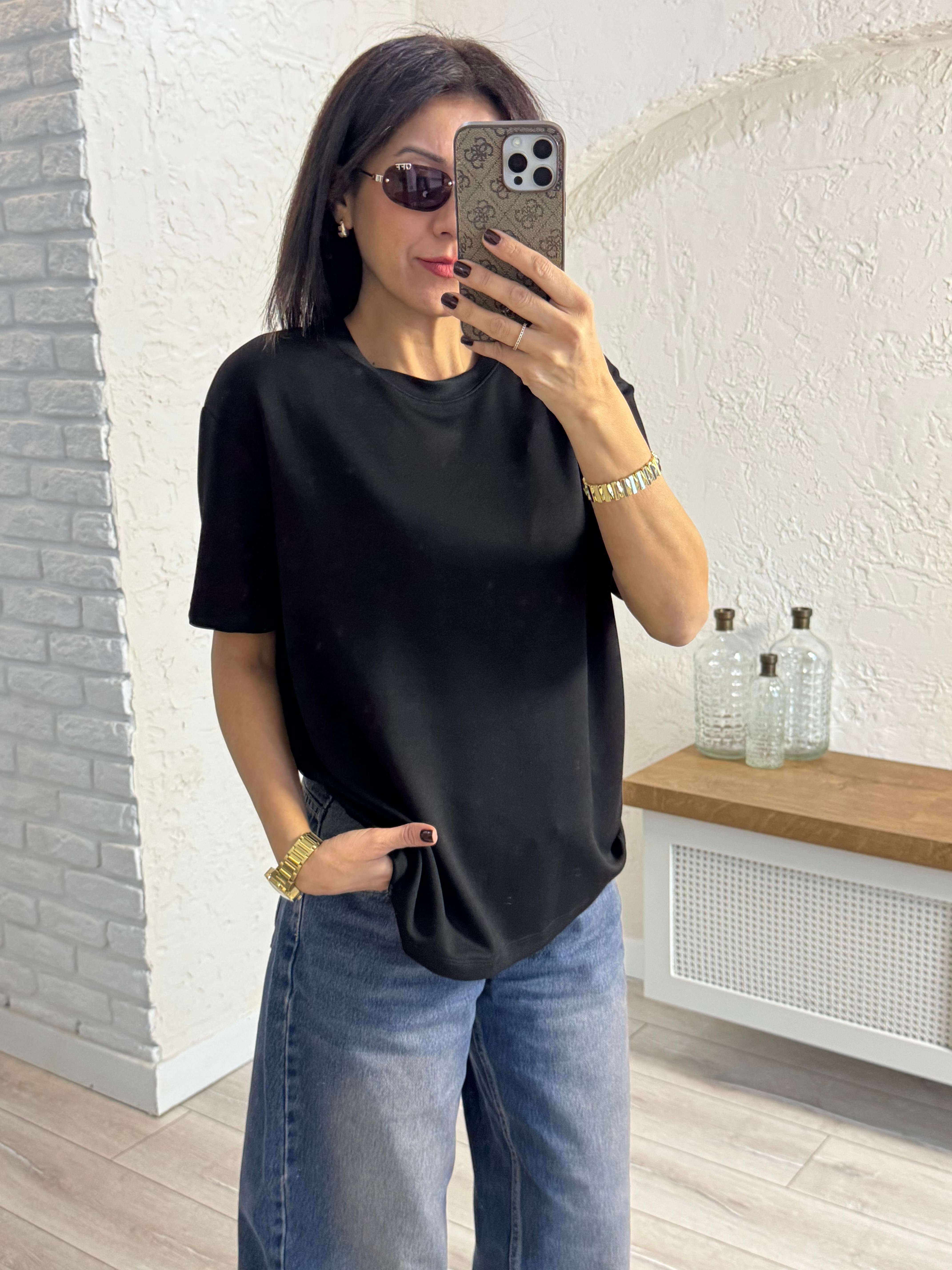 Bisiklet Yaka Modal Kumaş Tişört Siyah